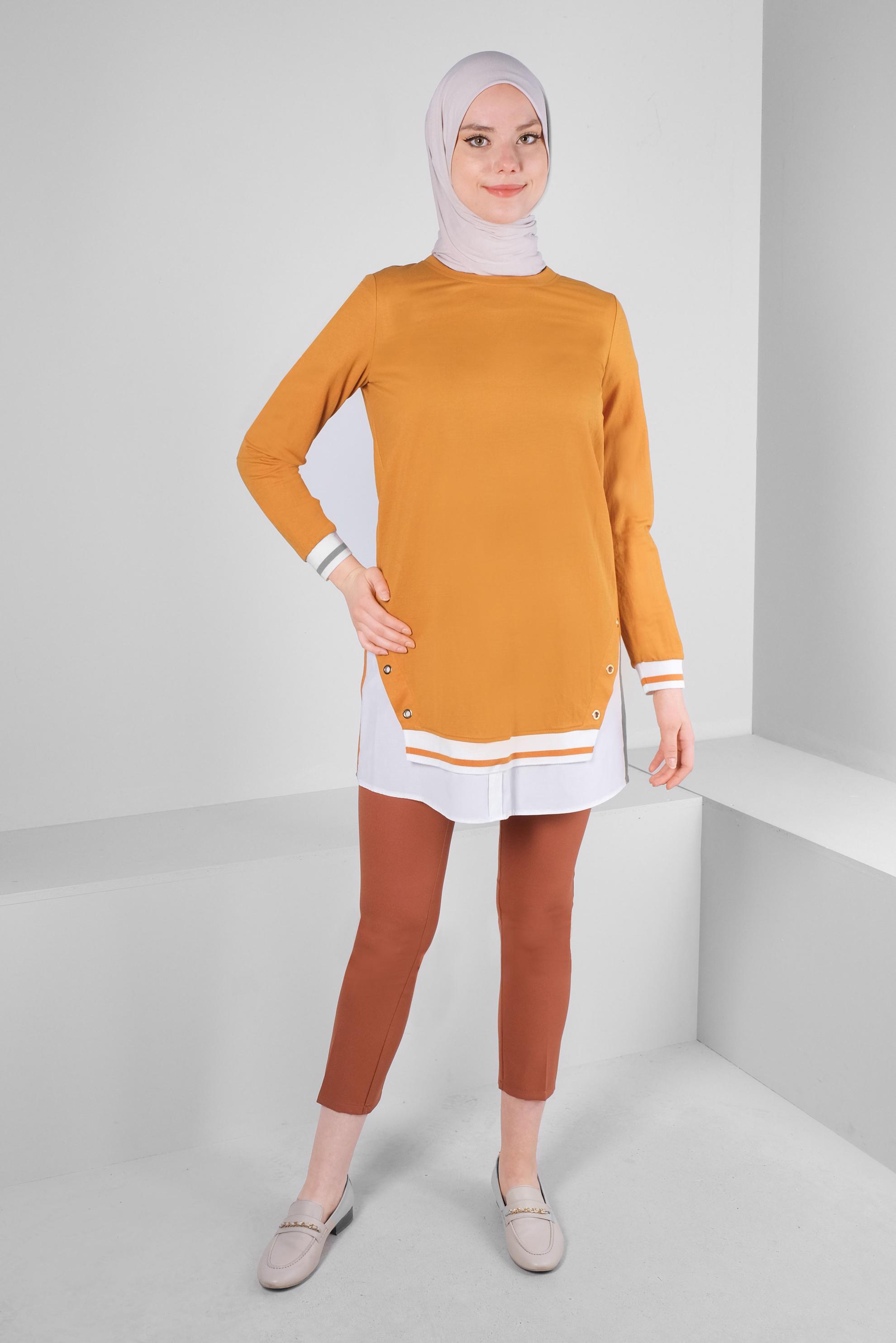 Tesettür giyim SARI KUŞGÖZÜ DETAYLI MANŞETLERİ LASTİKLİ TUNİK 43618