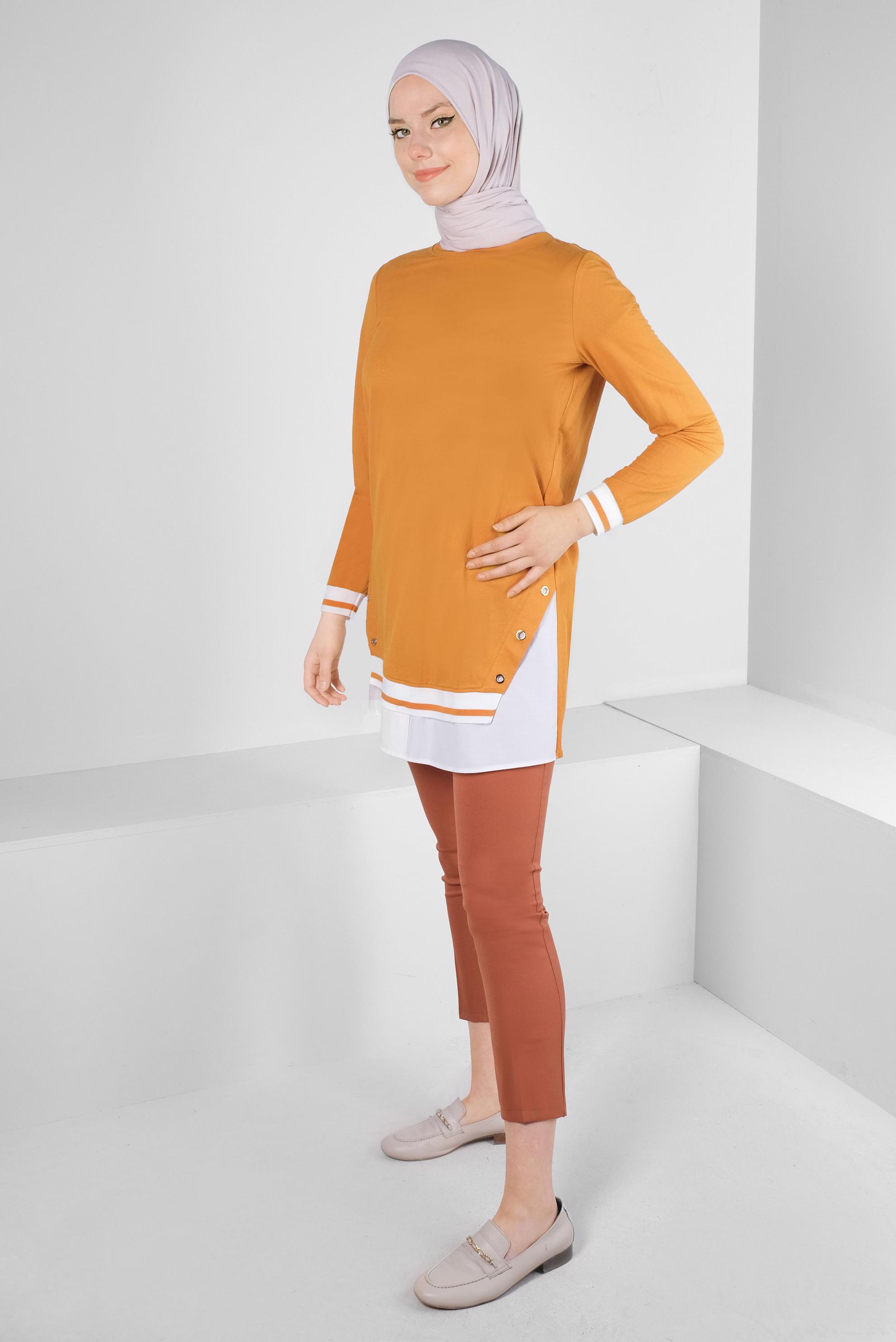 Tesettür giyim SARI KUŞGÖZÜ DETAYLI MANŞETLERİ LASTİKLİ TUNİK 43618