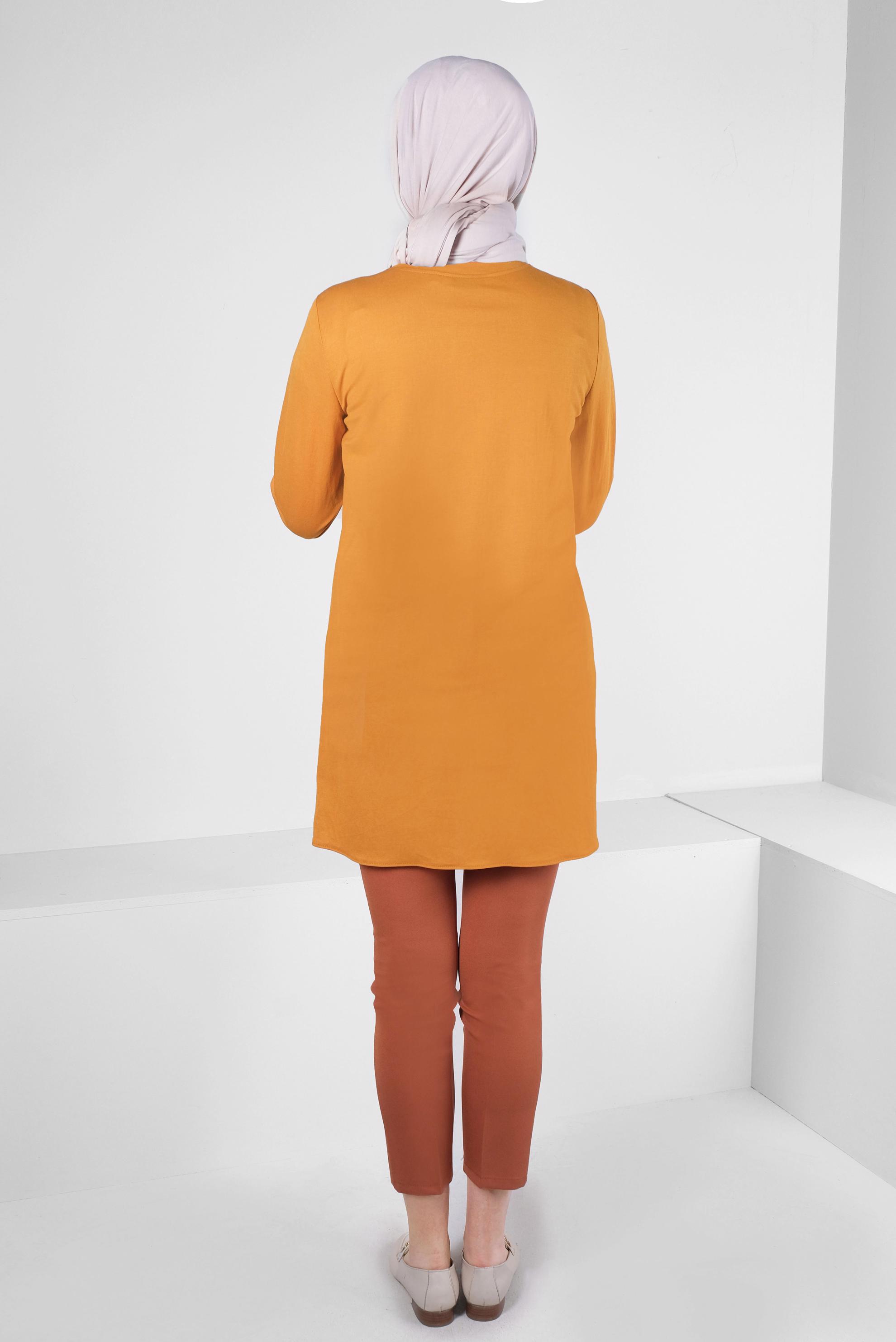 Tesettür giyim SARI KUŞGÖZÜ DETAYLI MANŞETLERİ LASTİKLİ TUNİK 43618