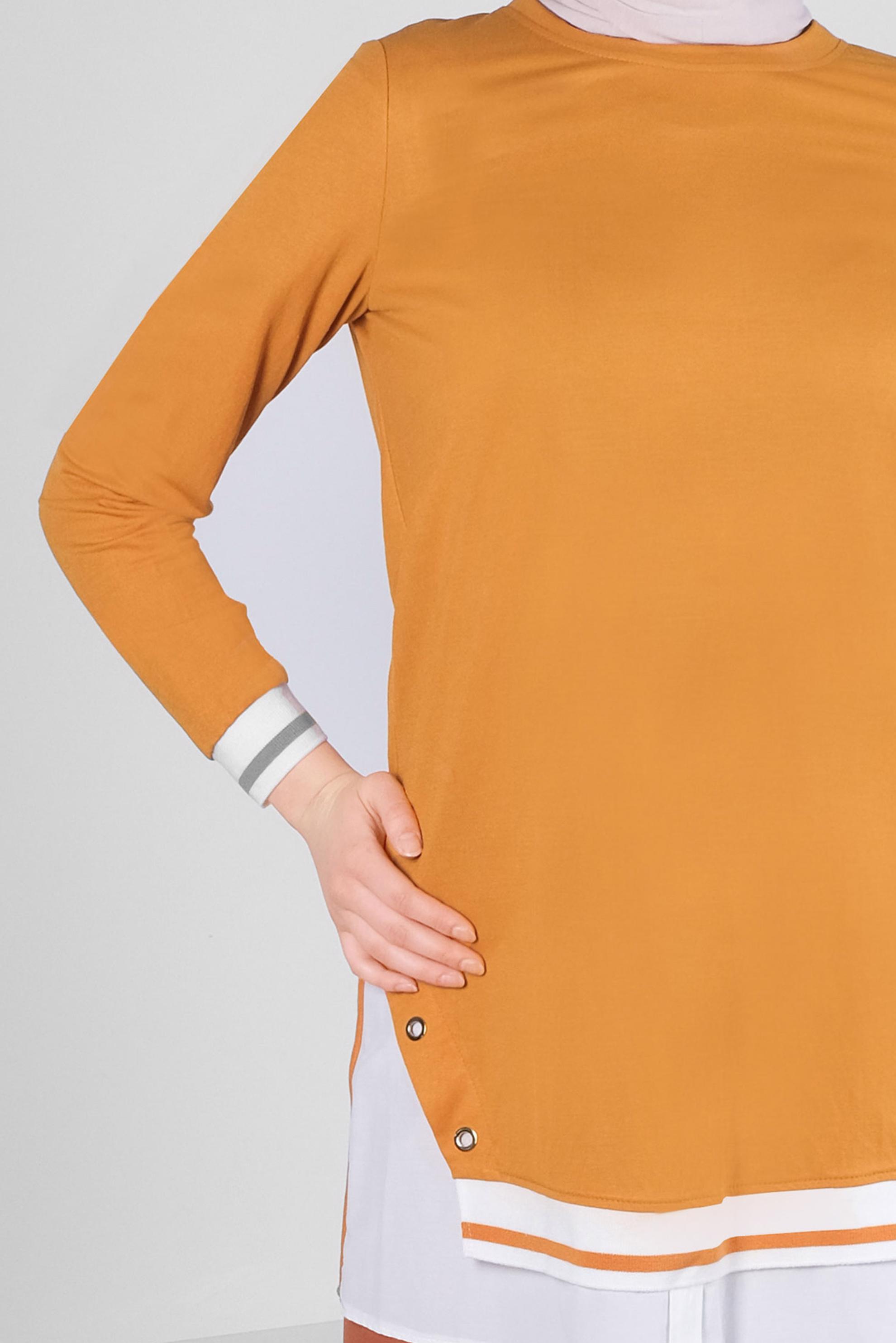 Tesettür giyim SARI KUŞGÖZÜ DETAYLI MANŞETLERİ LASTİKLİ TUNİK 43618