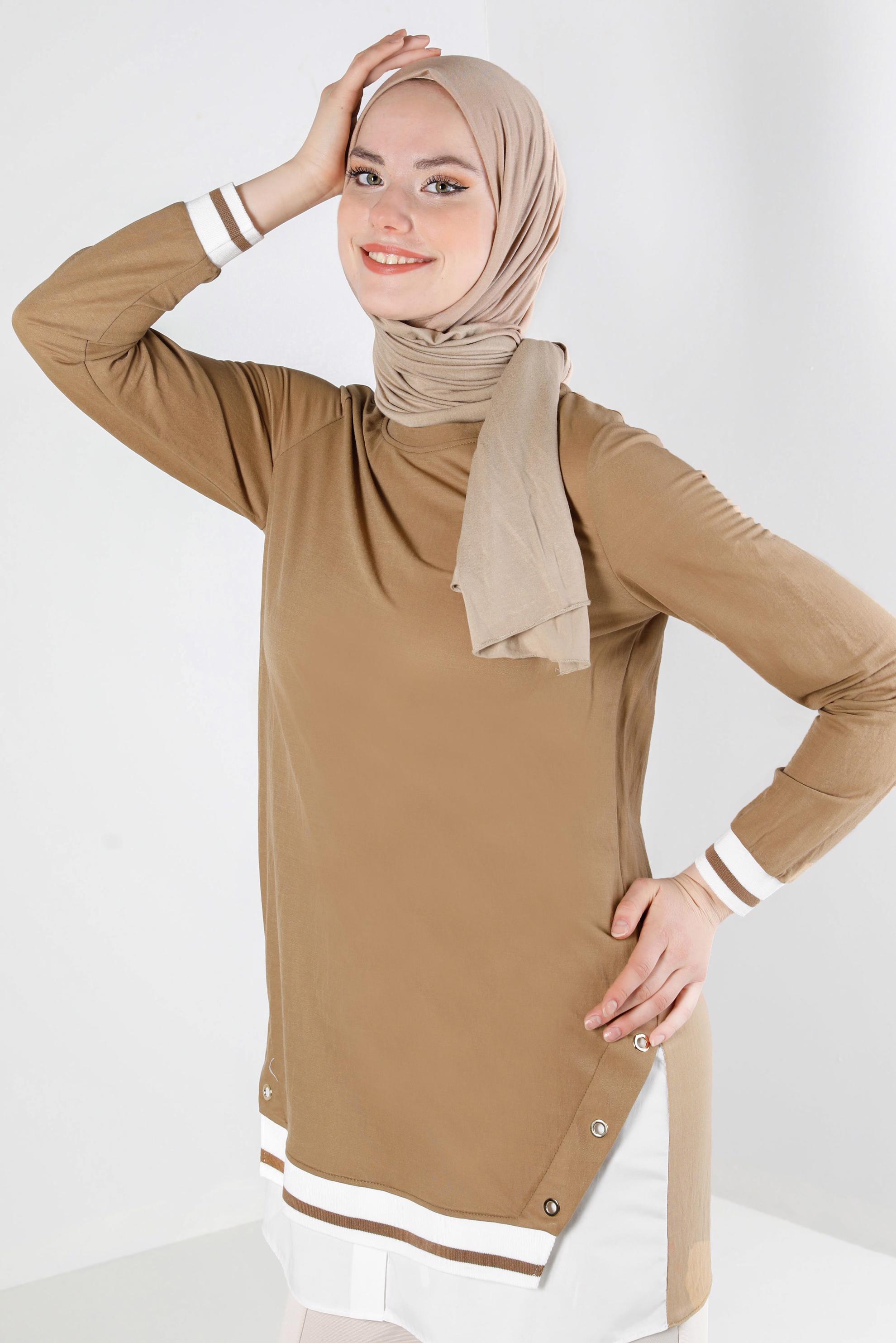 Tesettür giyim KAHVE KUŞGÖZÜ DETAYLI MANŞETLERİ LASTİKLİ TUNİK 43618