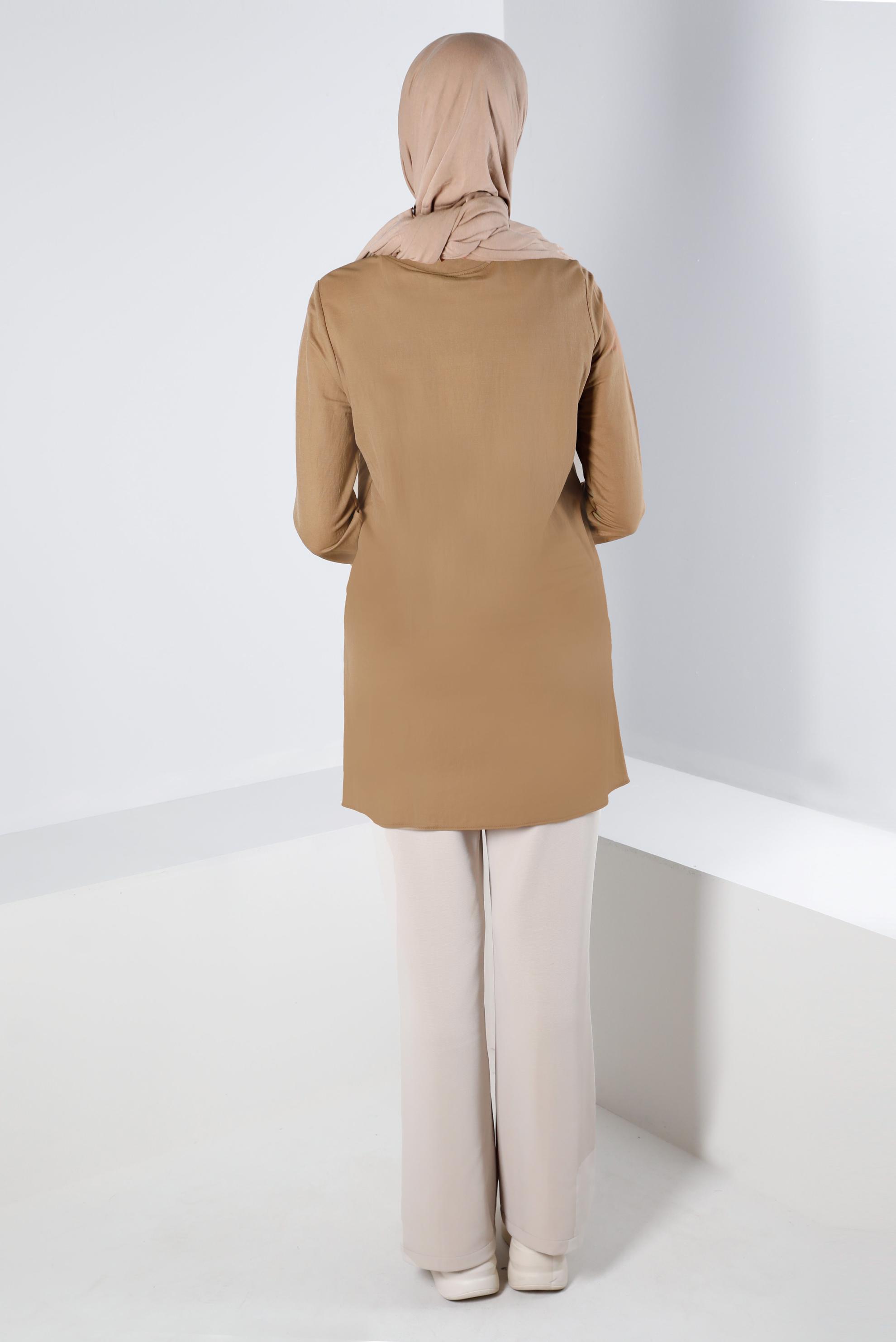 Tesettür giyim KAHVE KUŞGÖZÜ DETAYLI MANŞETLERİ LASTİKLİ TUNİK 43618