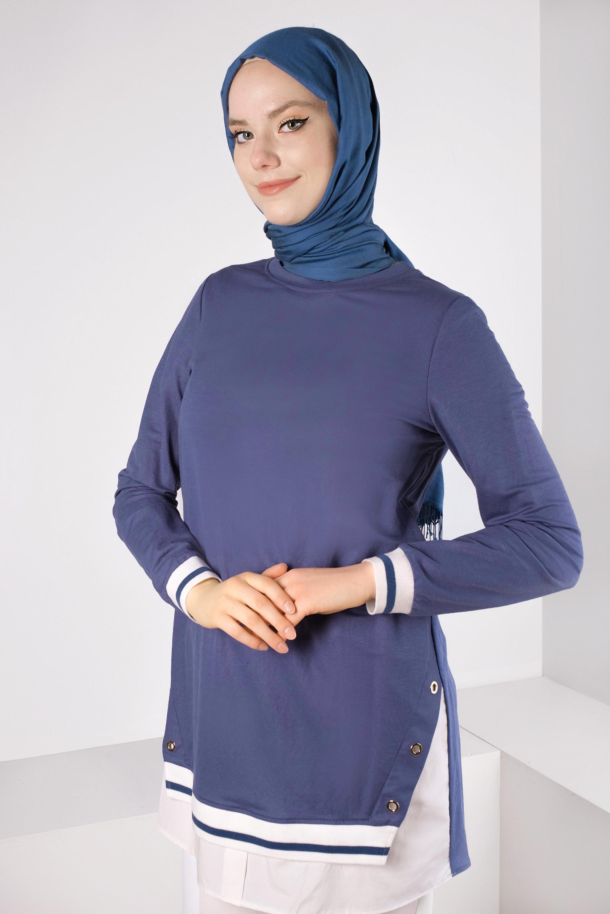 Tesettür giyim LACİVERT KUŞGÖZÜ DETAYLI MANŞETLERİ LASTİKLİ TUNİK 43618