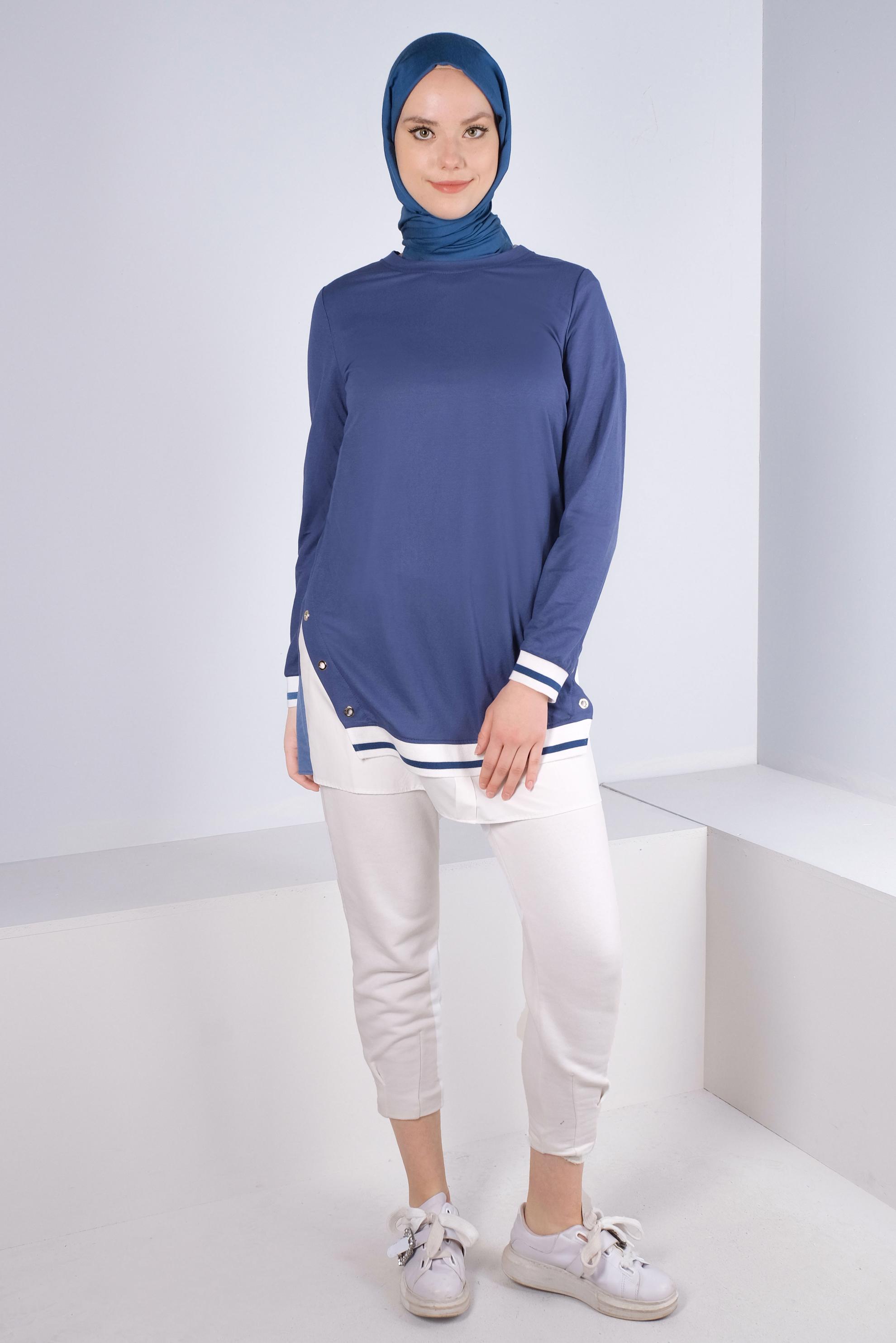 Tesettür giyim LACİVERT KUŞGÖZÜ DETAYLI MANŞETLERİ LASTİKLİ TUNİK 43618