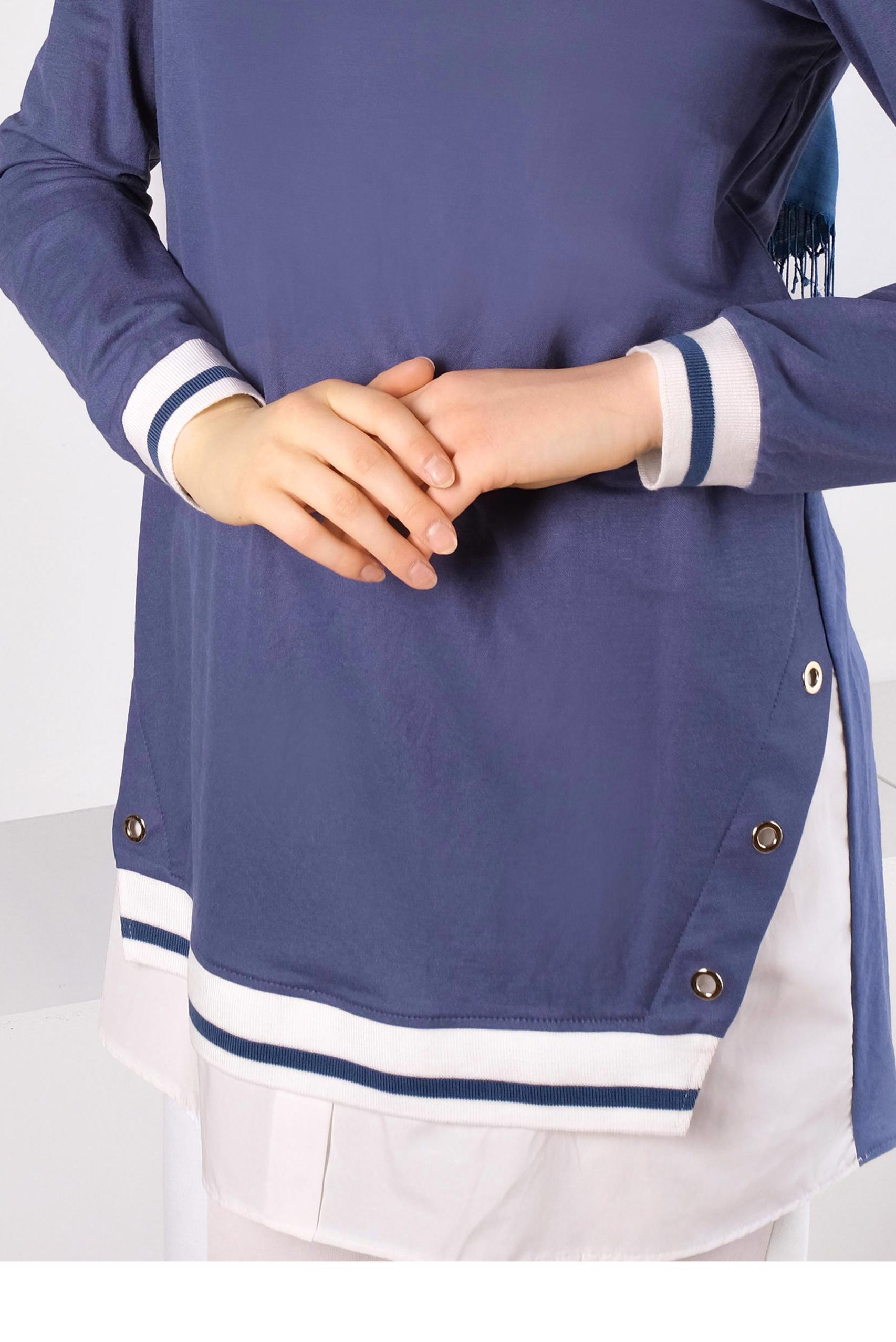 Tesettür giyim LACİVERT KUŞGÖZÜ DETAYLI MANŞETLERİ LASTİKLİ TUNİK 43618