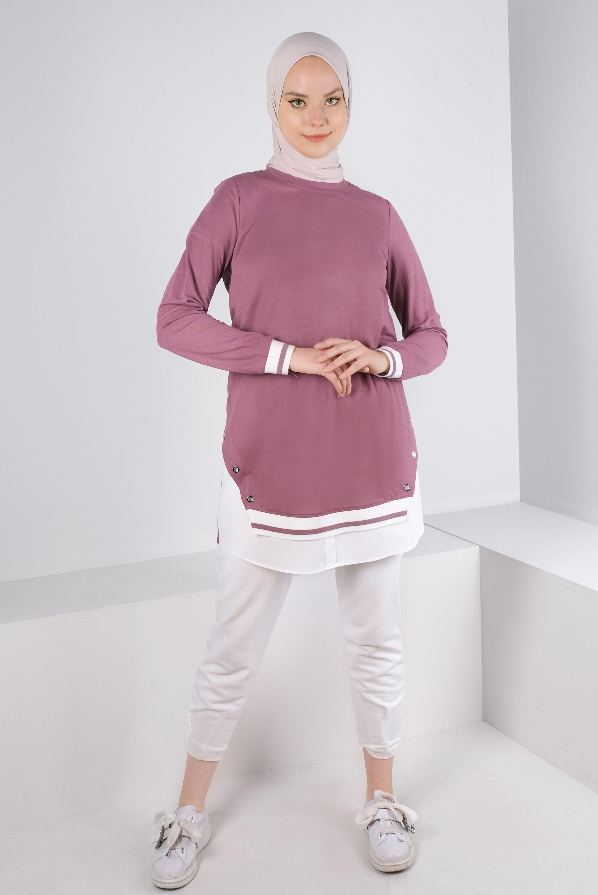 Tesettür giyim PEMBE KUŞGÖZÜ DETAYLI MANŞETLERİ LASTİKLİ TUNİK 43618