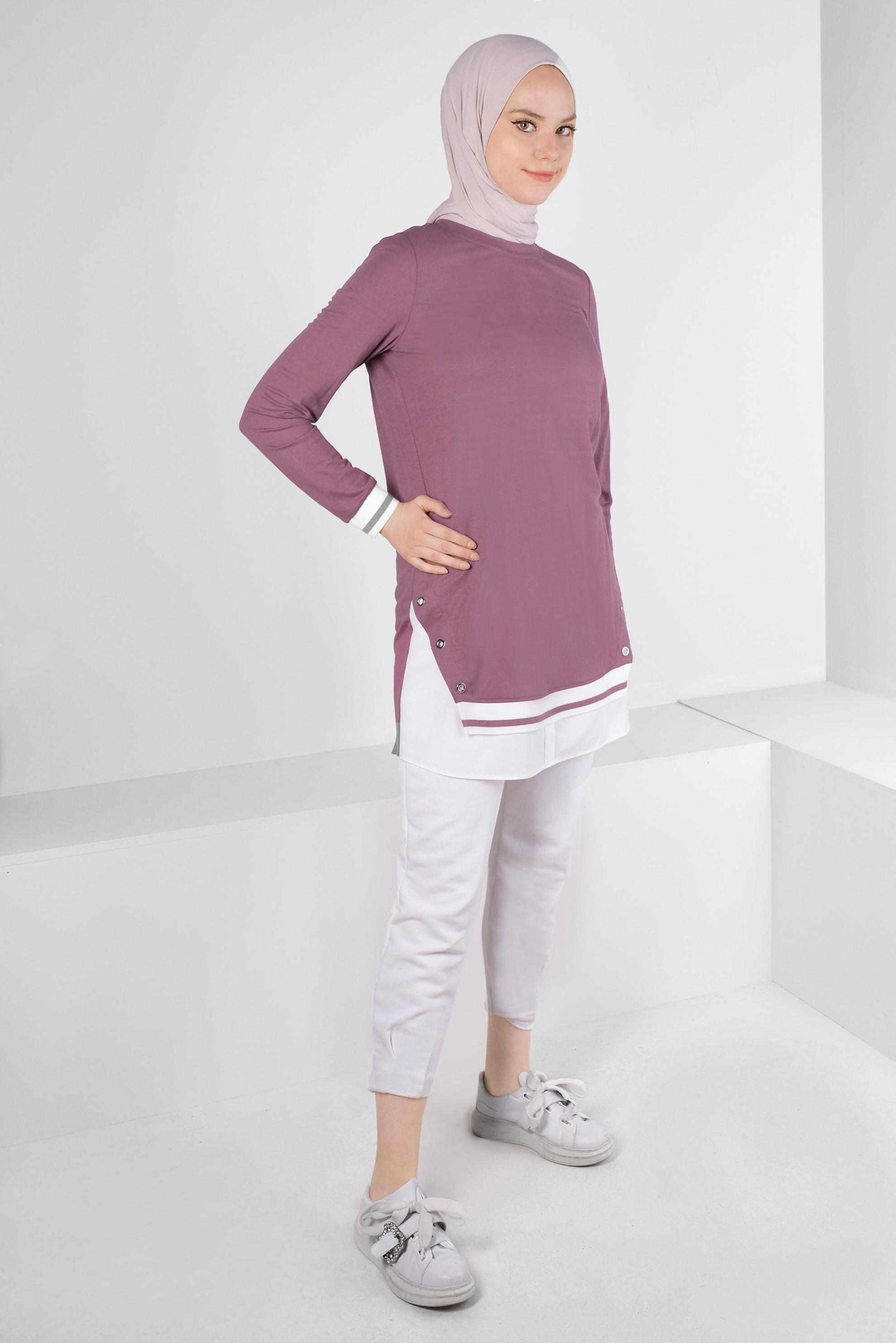 Tesettür giyim PEMBE KUŞGÖZÜ DETAYLI MANŞETLERİ LASTİKLİ TUNİK 43618