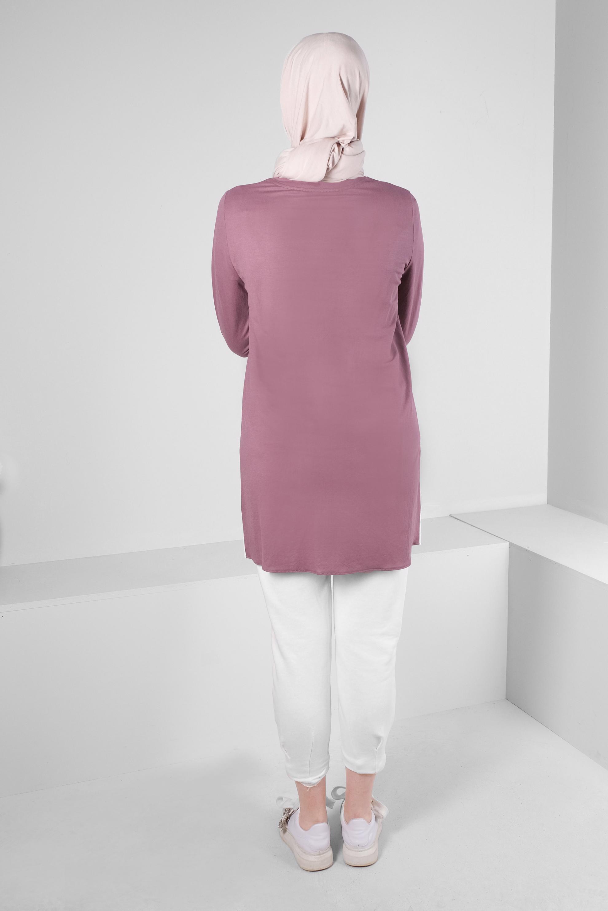 Tesettür giyim PEMBE KUŞGÖZÜ DETAYLI MANŞETLERİ LASTİKLİ TUNİK 43618