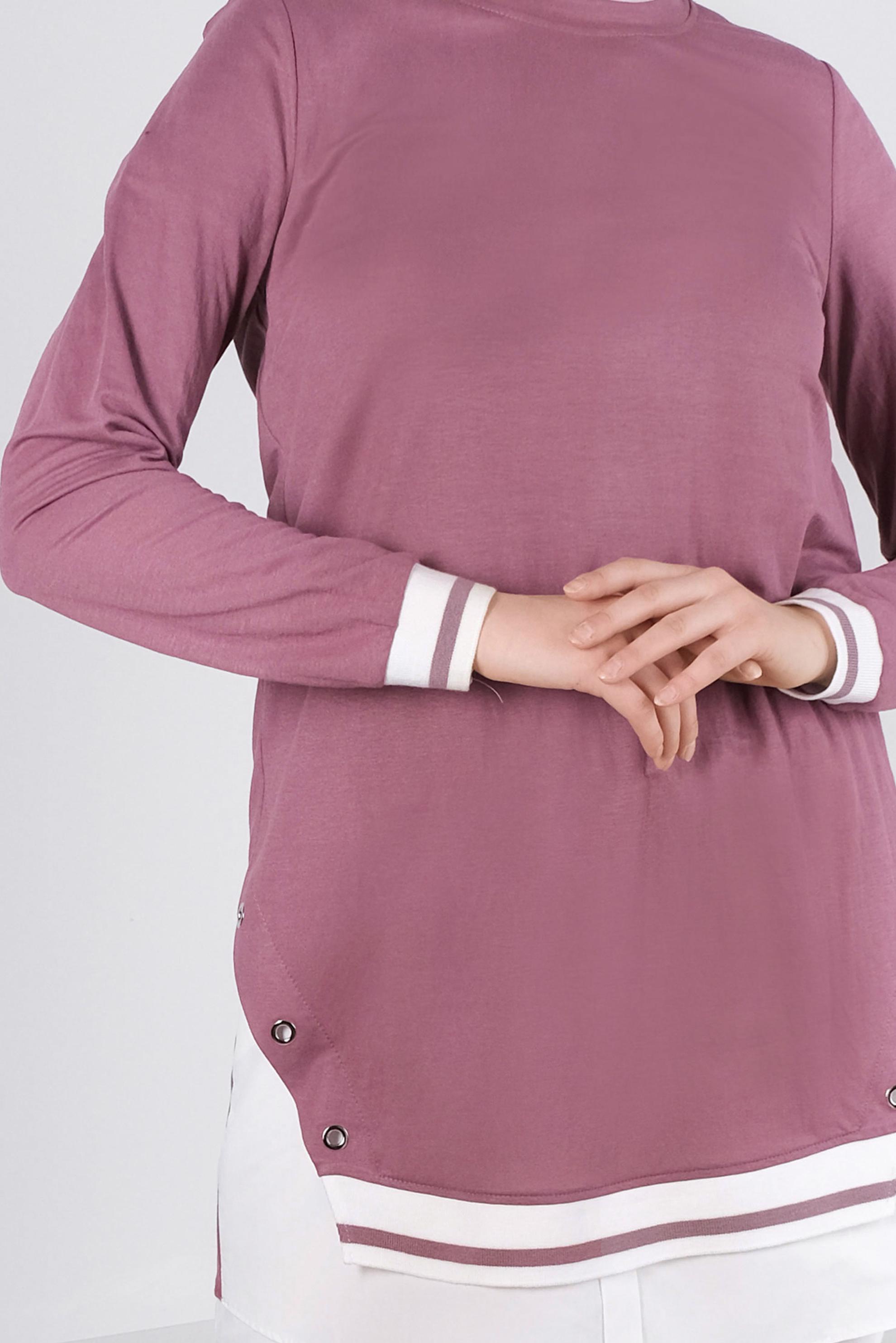 Tesettür giyim PEMBE KUŞGÖZÜ DETAYLI MANŞETLERİ LASTİKLİ TUNİK 43618