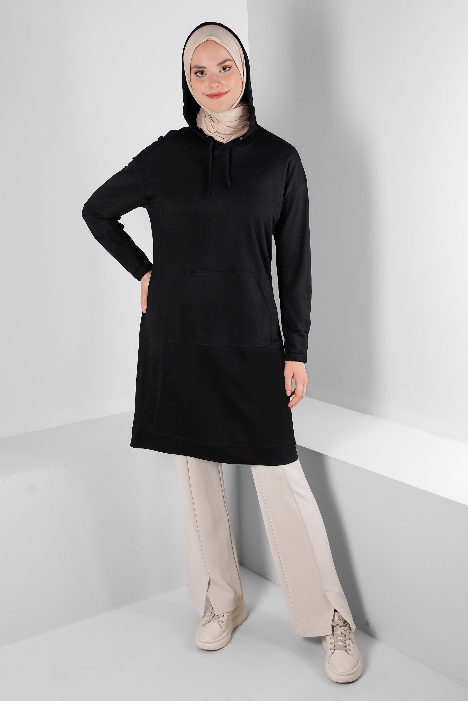Tesettür giyim SİYAH KAPÜŞONLU MANŞETLERİ LASTİKLİ TUNİK 43619