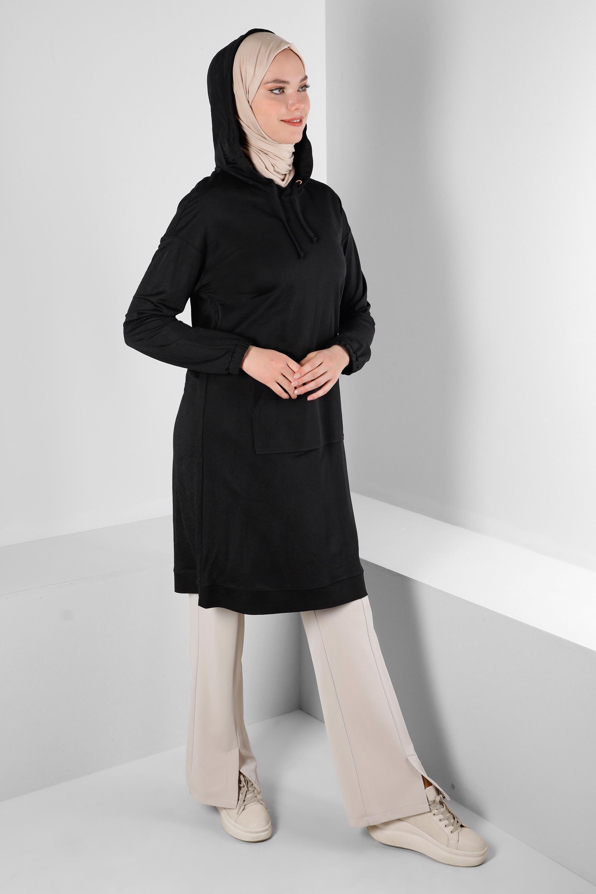 Tesettür giyim SİYAH KAPÜŞONLU MANŞETLERİ LASTİKLİ TUNİK 43619