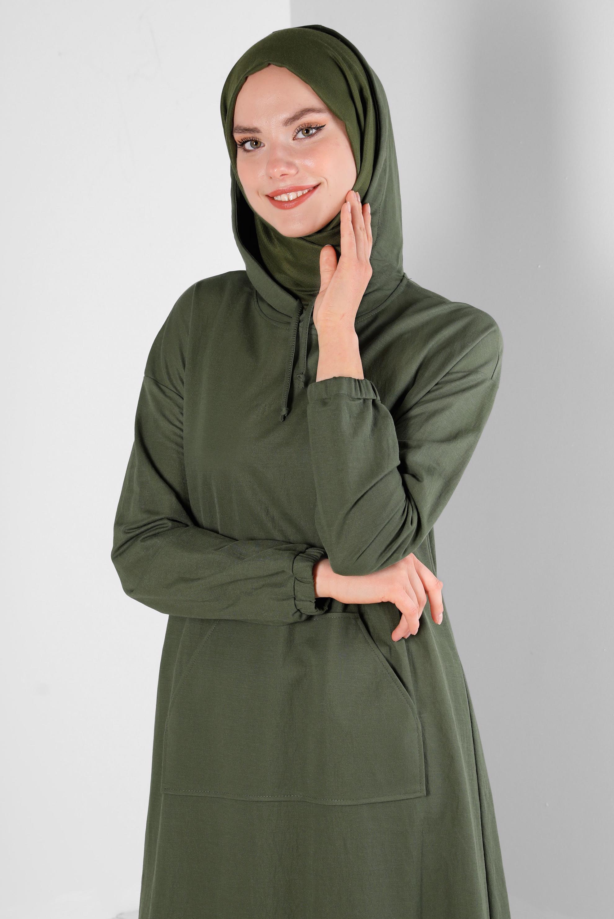 Tesettür giyim HAKİ KAPÜŞONLU MANŞETLERİ LASTİKLİ TUNİK 43619