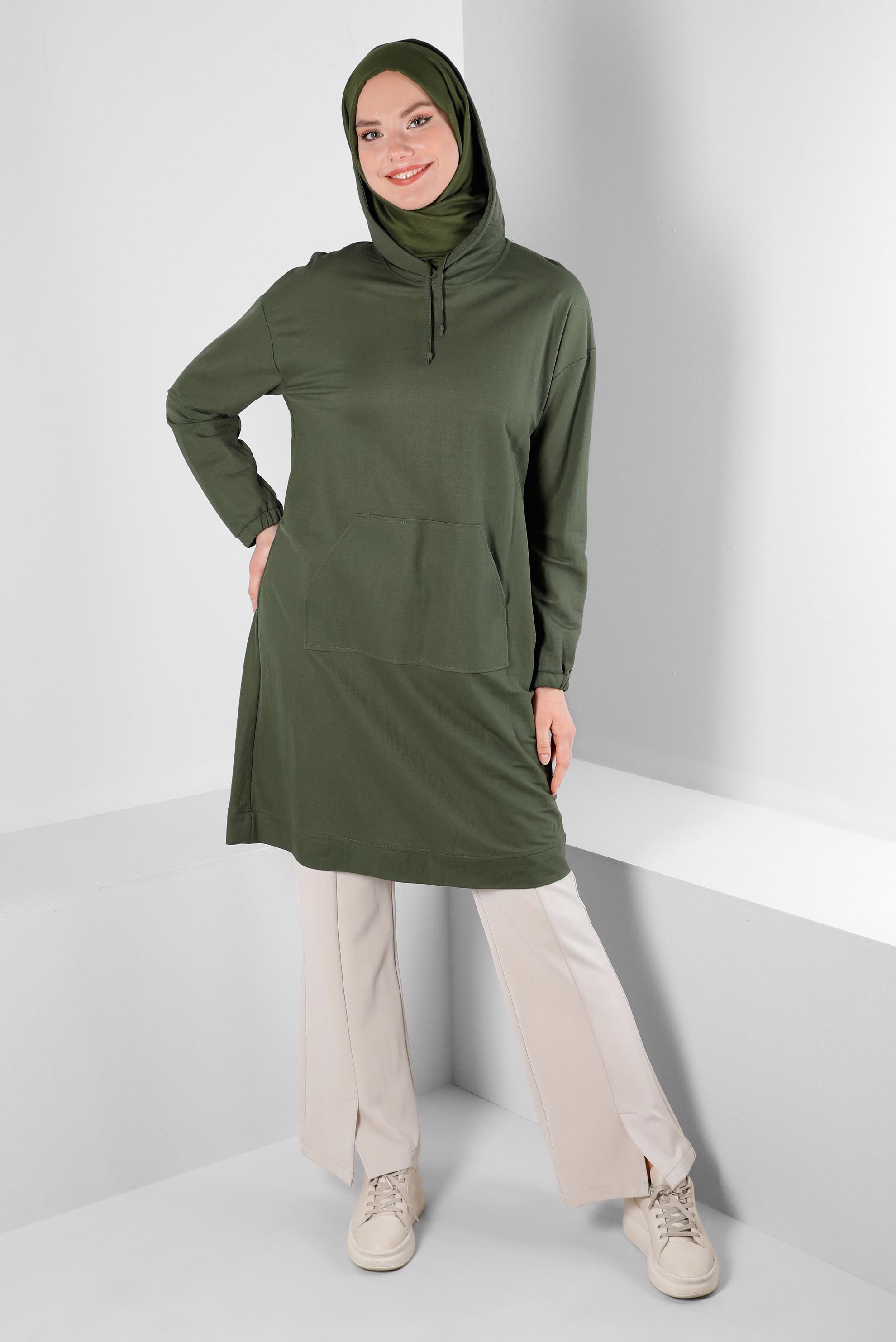 Tesettür giyim HAKİ KAPÜŞONLU MANŞETLERİ LASTİKLİ TUNİK 43619