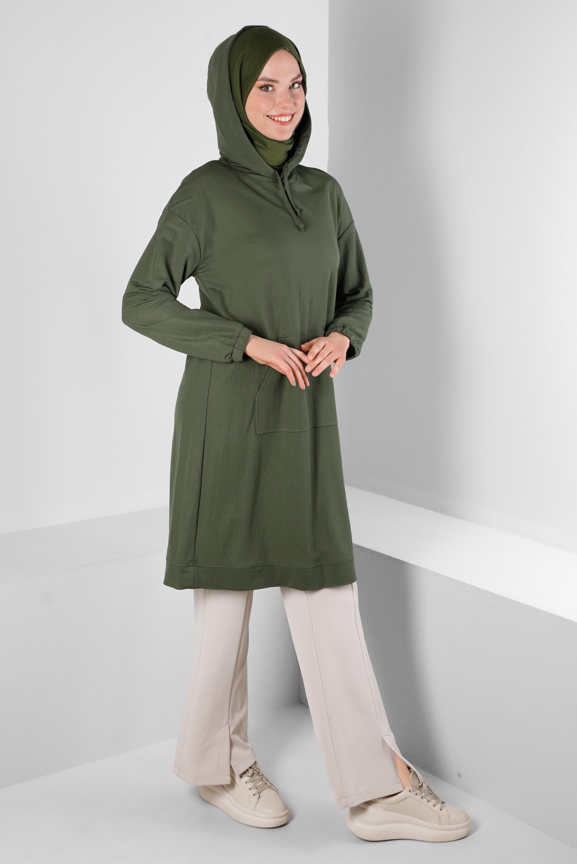 Tesettür giyim HAKİ KAPÜŞONLU MANŞETLERİ LASTİKLİ TUNİK 43619