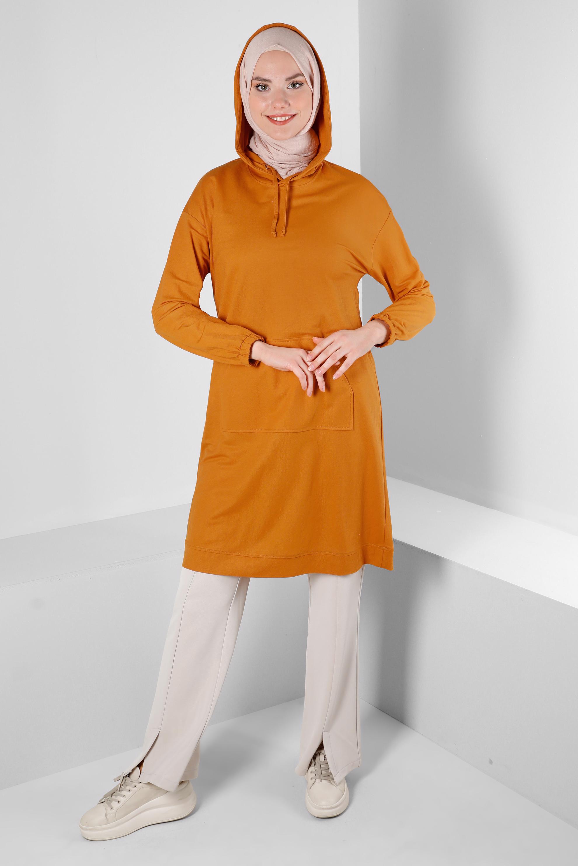 Tesettür giyim SARI KAPÜŞONLU MANŞETLERİ LASTİKLİ TUNİK 43619
