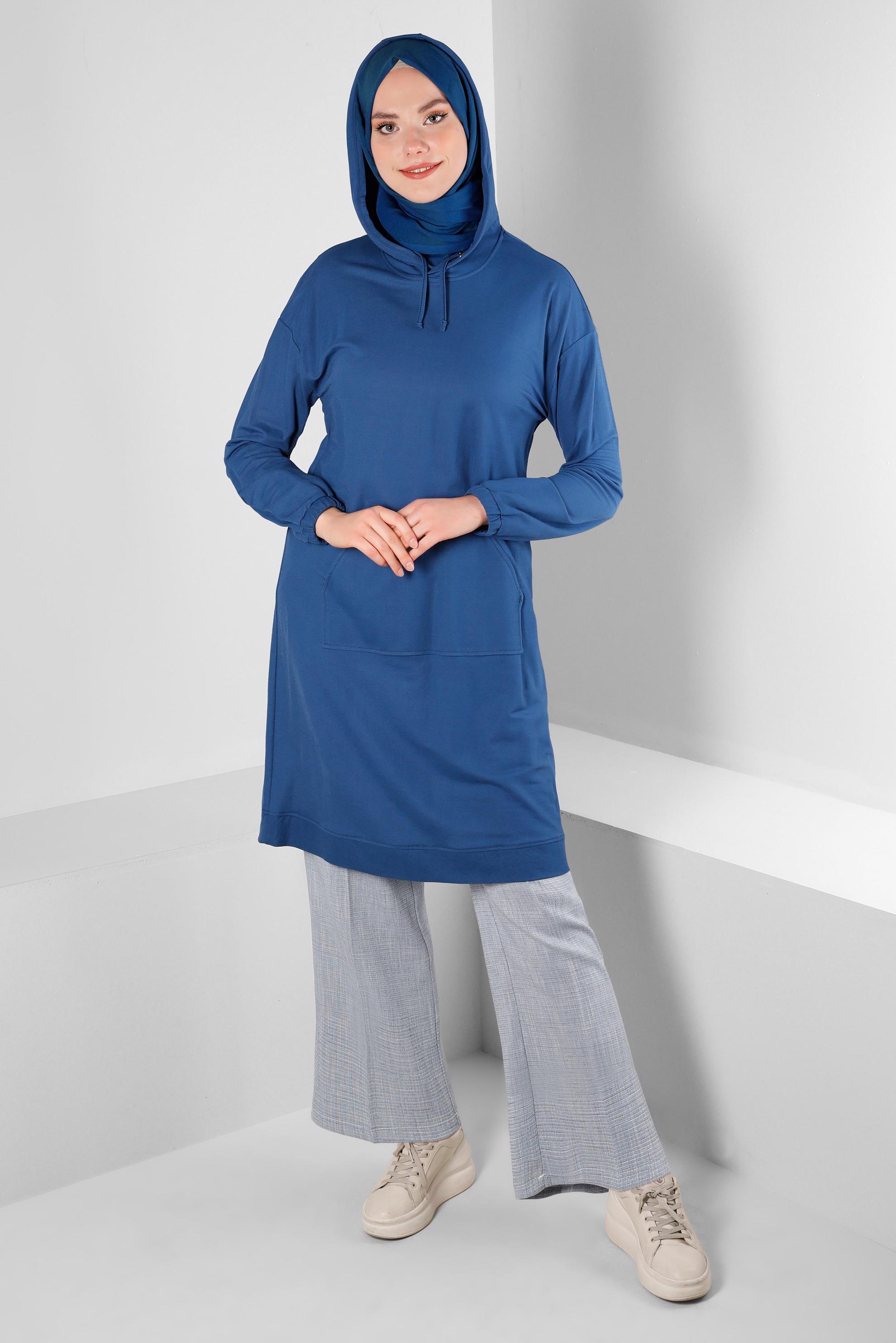 Tesettür giyim LACİVERT KAPÜŞONLU MANŞETLERİ LASTİKLİ TUNİK 43619