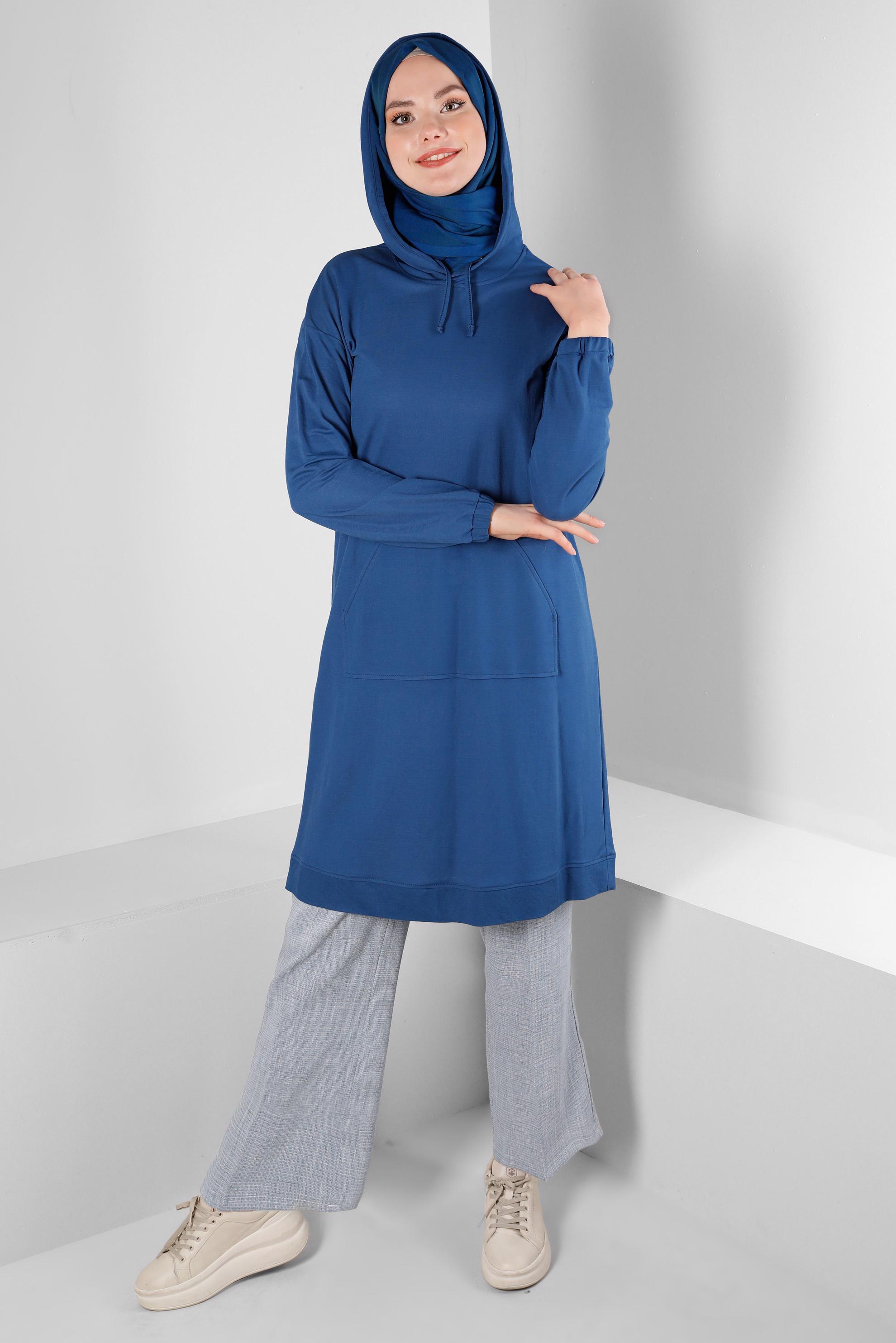 Tesettür giyim LACİVERT KAPÜŞONLU MANŞETLERİ LASTİKLİ TUNİK 43619