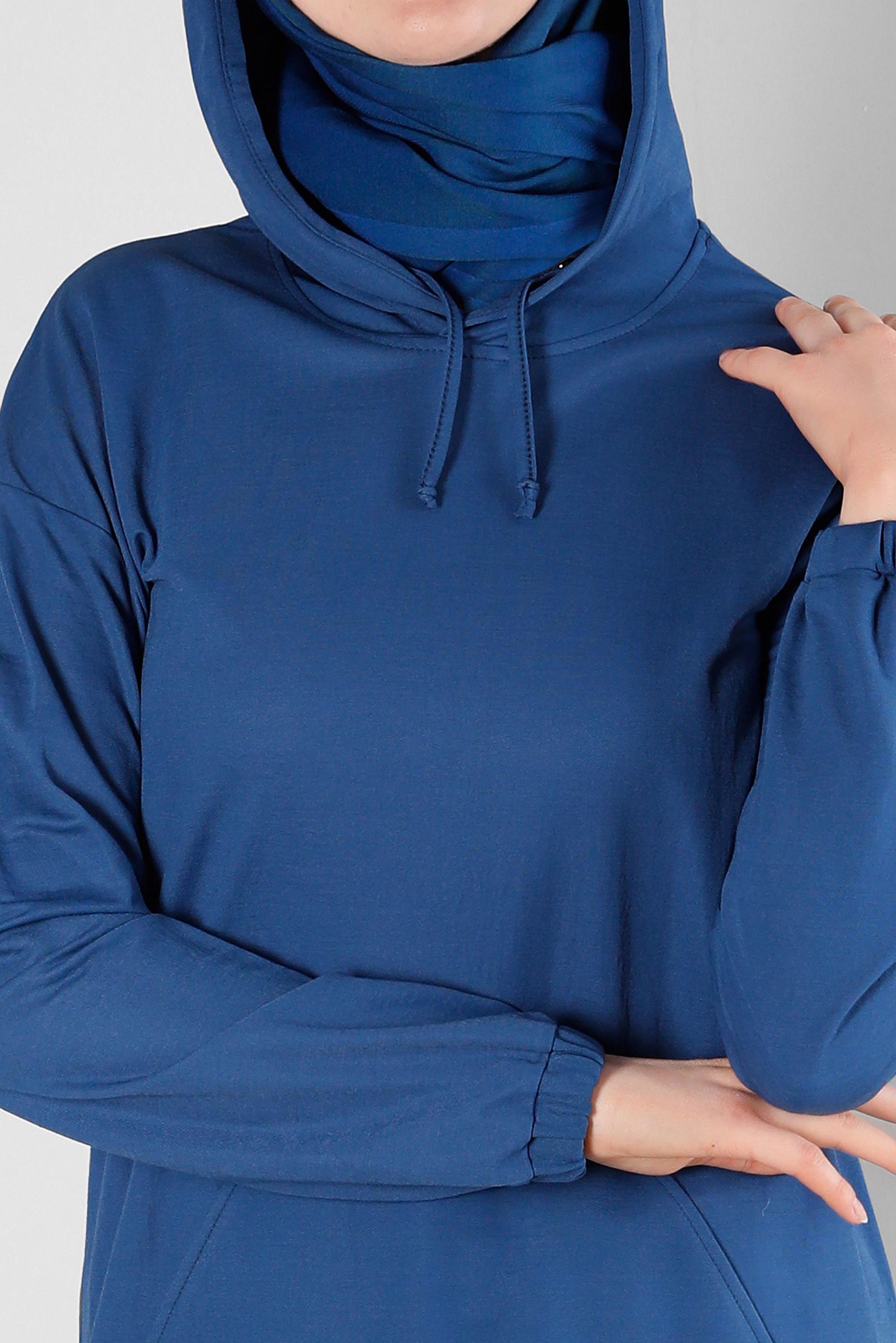 Tesettür giyim LACİVERT KAPÜŞONLU MANŞETLERİ LASTİKLİ TUNİK 43619