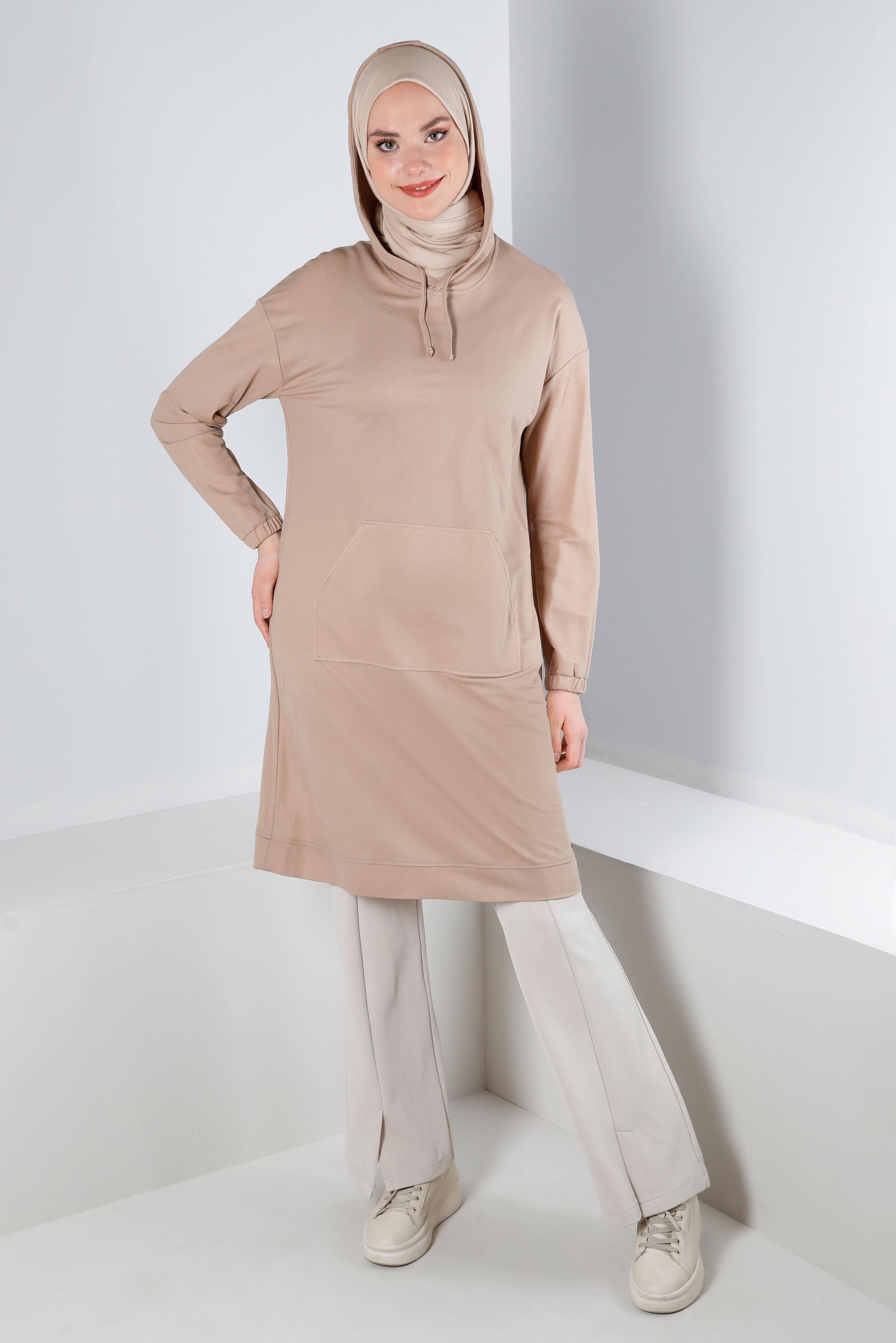 Tesettür giyim KUM KAPÜŞONLU MANŞETLERİ LASTİKLİ TUNİK 43619