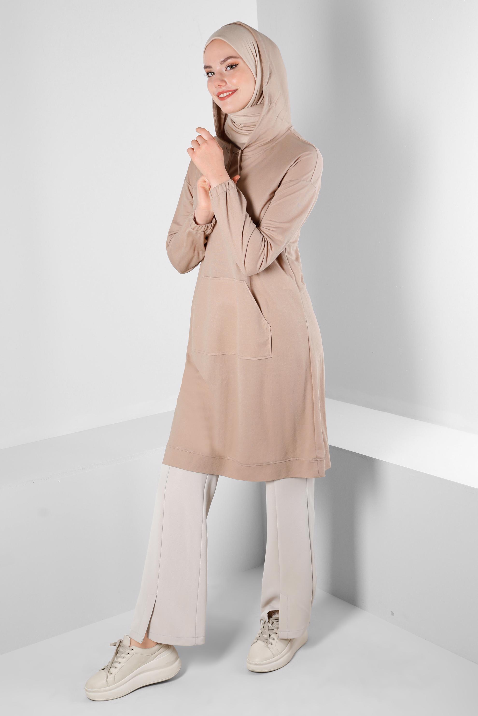 Tesettür giyim KUM KAPÜŞONLU MANŞETLERİ LASTİKLİ TUNİK 43619