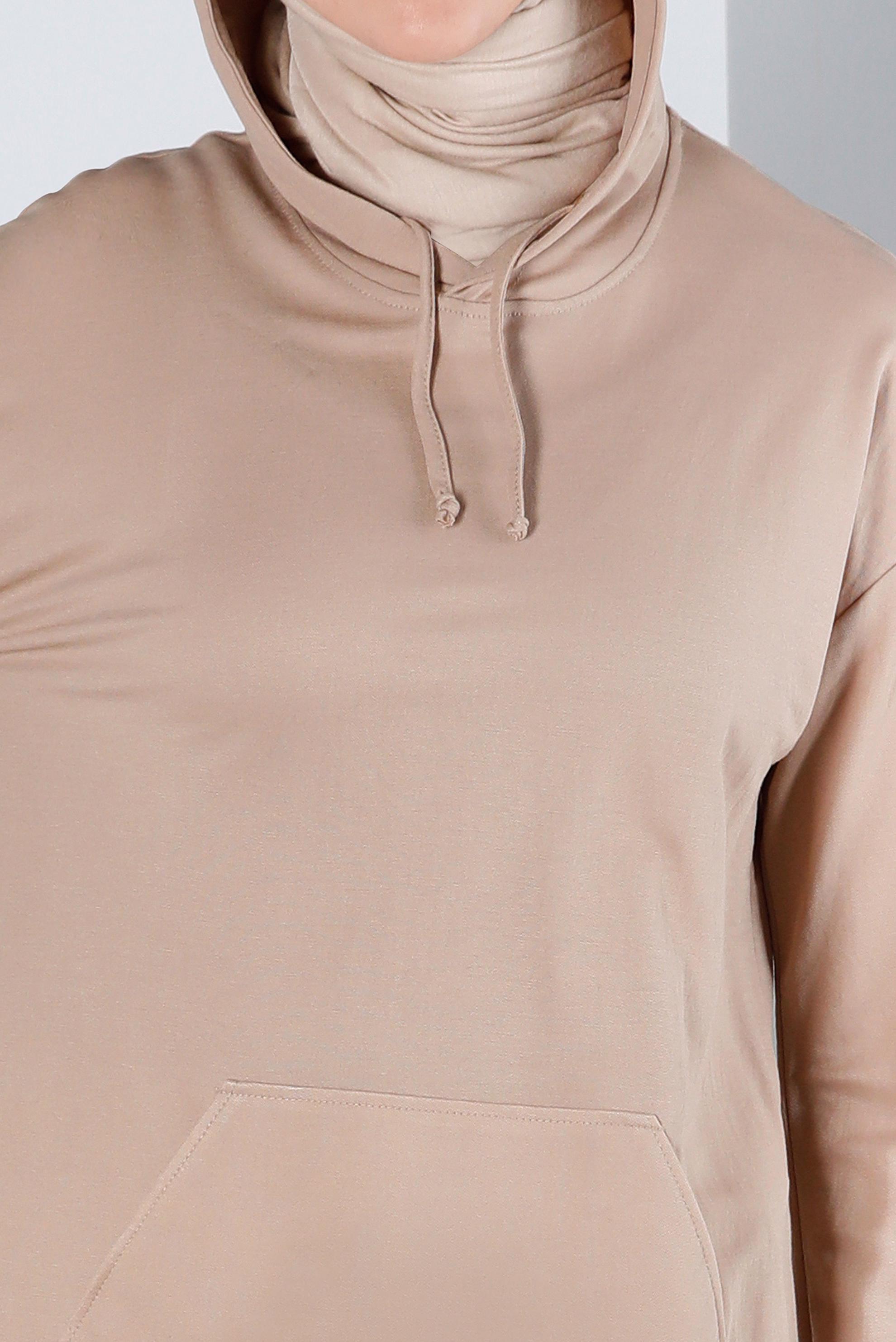 Tesettür giyim KUM KAPÜŞONLU MANŞETLERİ LASTİKLİ TUNİK 43619