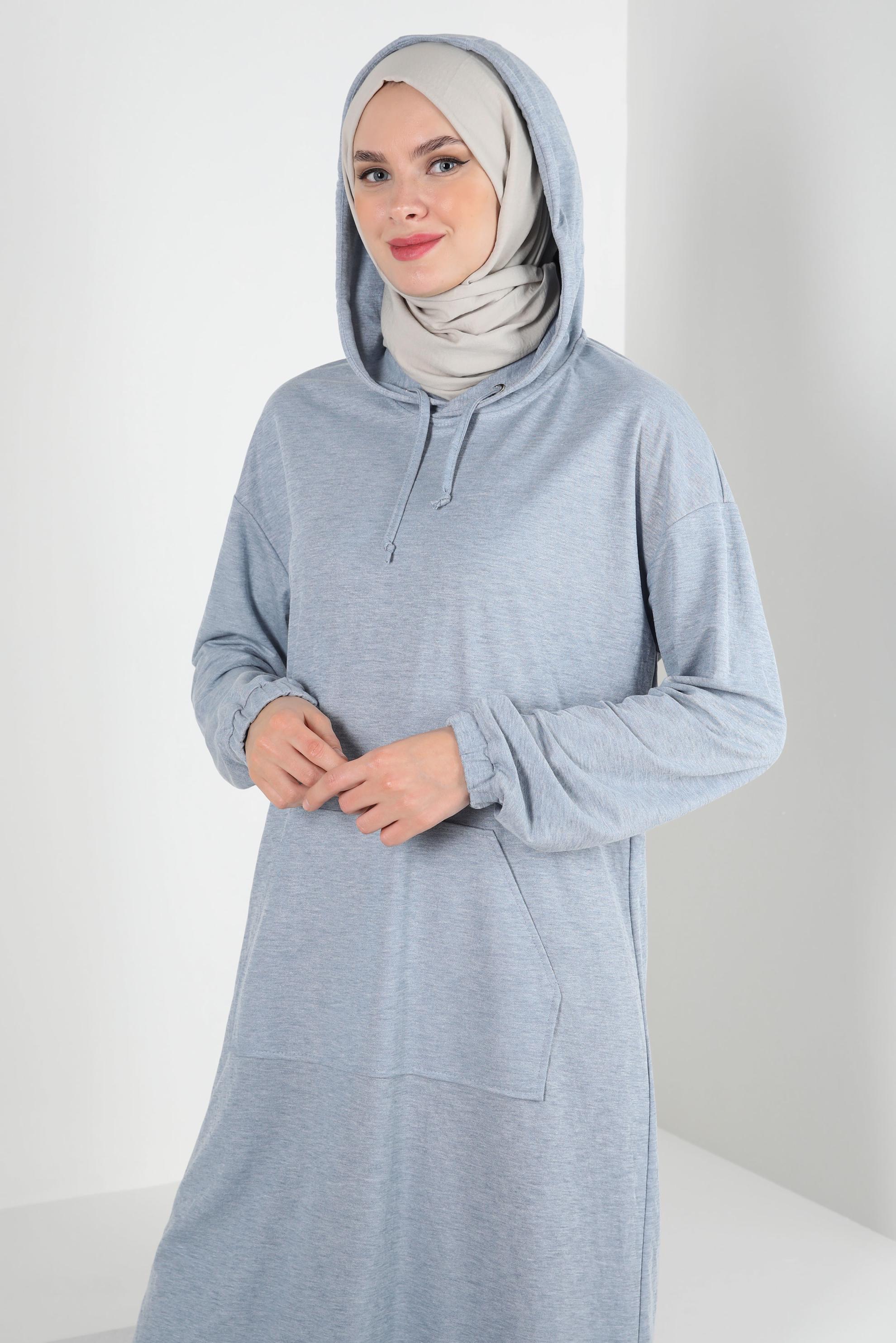 Tesettür giyim MAVİ KAPÜŞONLU MANŞETLERİ LASTİKLİ TUNİK 43619