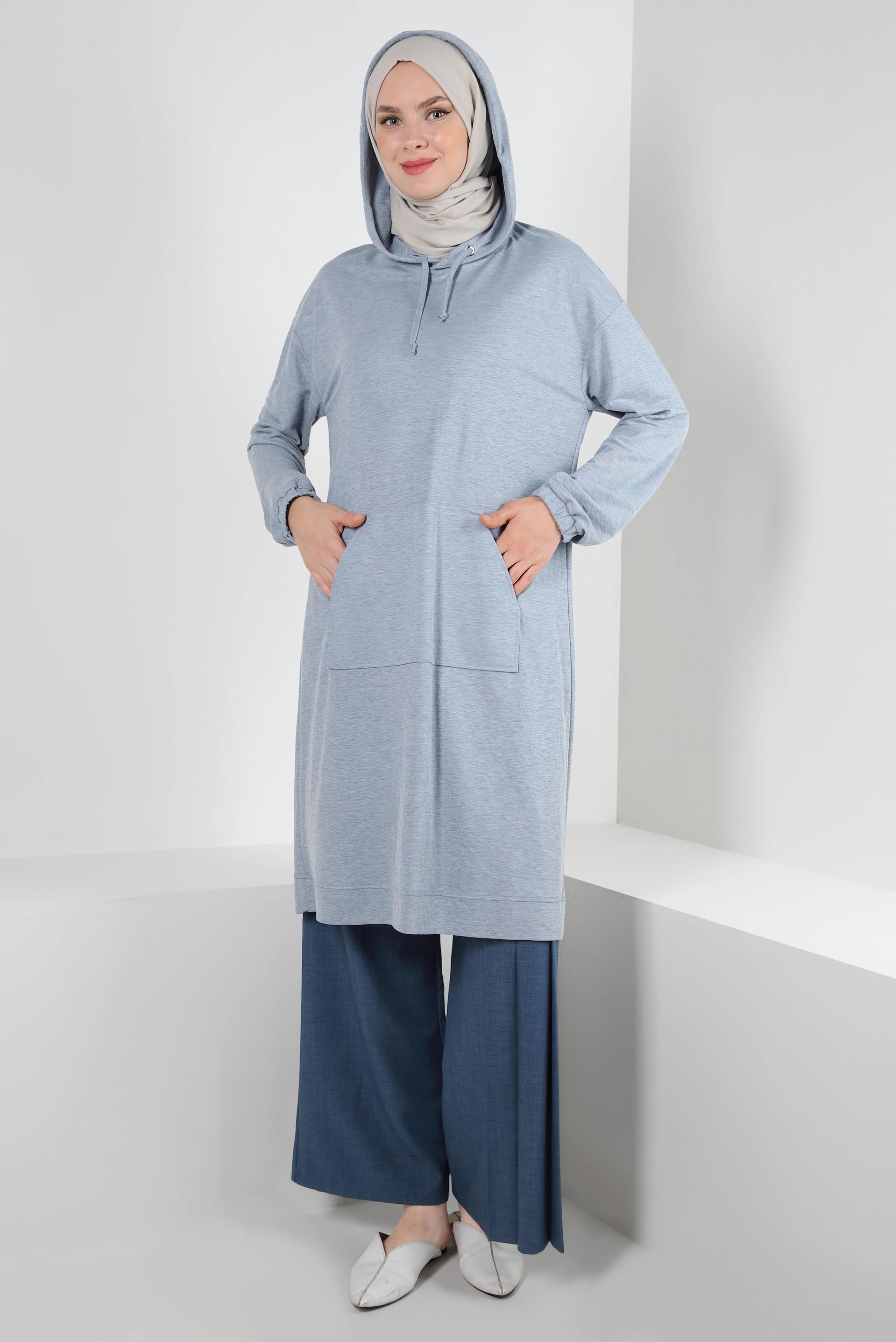 Tesettür giyim MAVİ KAPÜŞONLU MANŞETLERİ LASTİKLİ TUNİK 43619