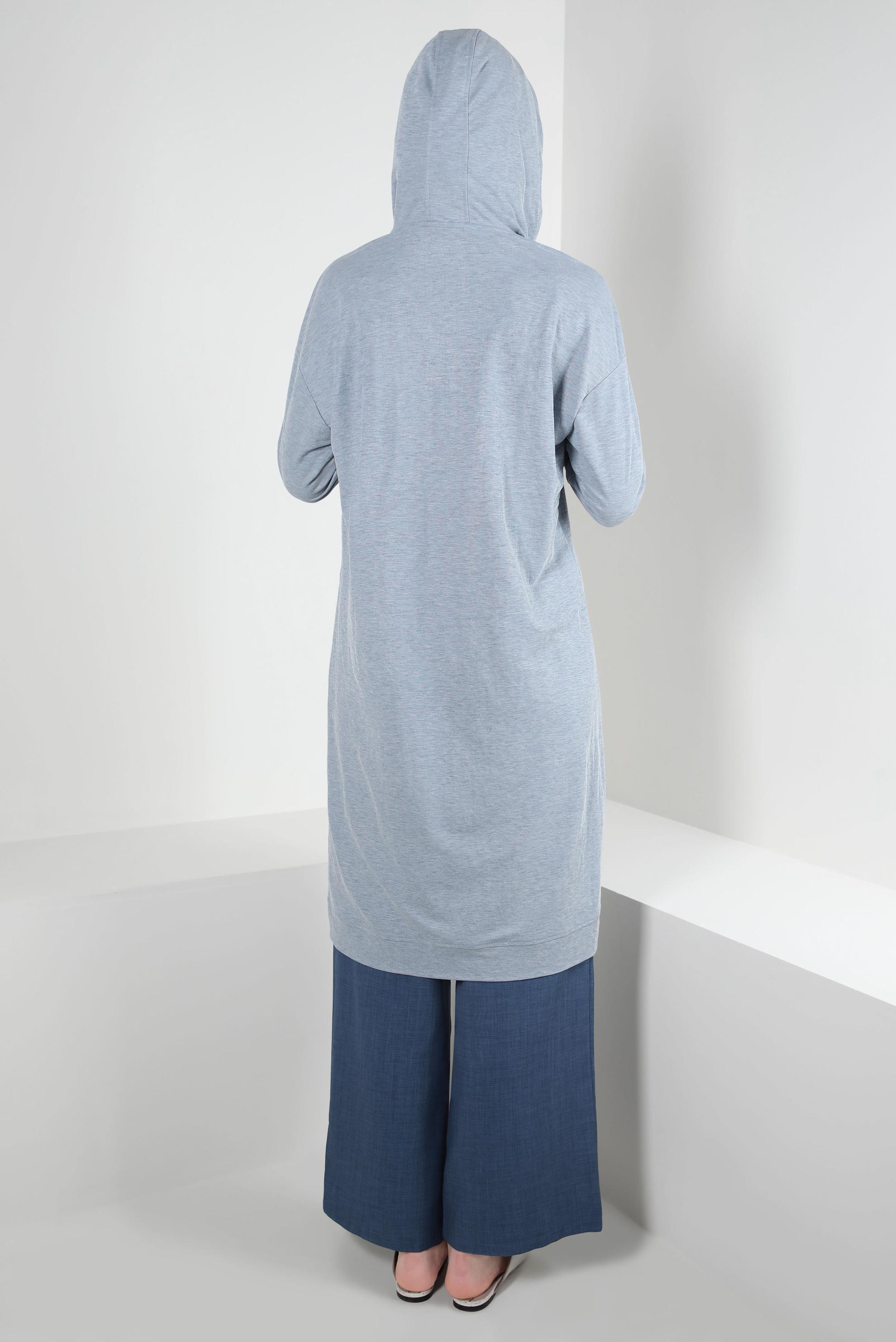 Tesettür giyim MAVİ KAPÜŞONLU MANŞETLERİ LASTİKLİ TUNİK 43619