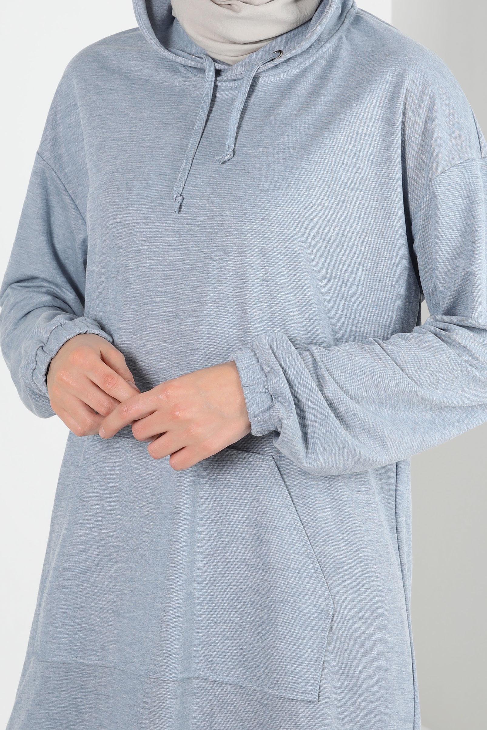 Tesettür giyim MAVİ KAPÜŞONLU MANŞETLERİ LASTİKLİ TUNİK 43619