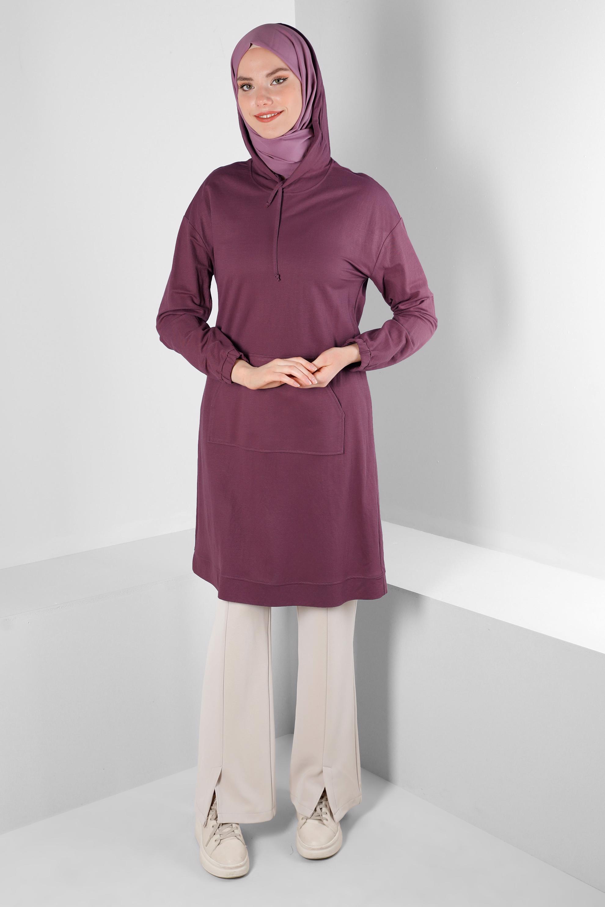 Tesettür giyim PEMBE KAPÜŞONLU MANŞETLERİ LASTİKLİ TUNİK 43619