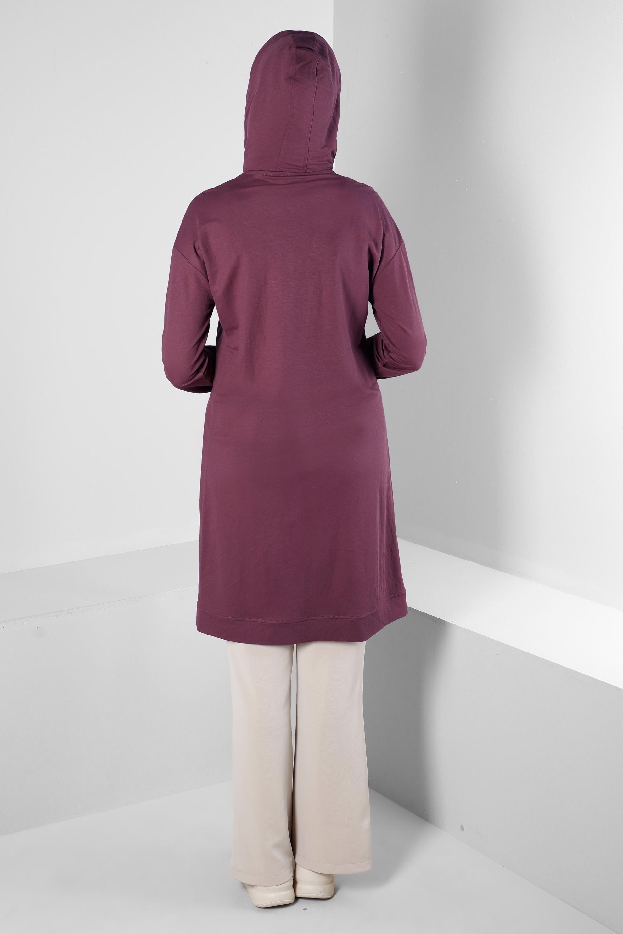 Tesettür giyim PEMBE KAPÜŞONLU MANŞETLERİ LASTİKLİ TUNİK 43619