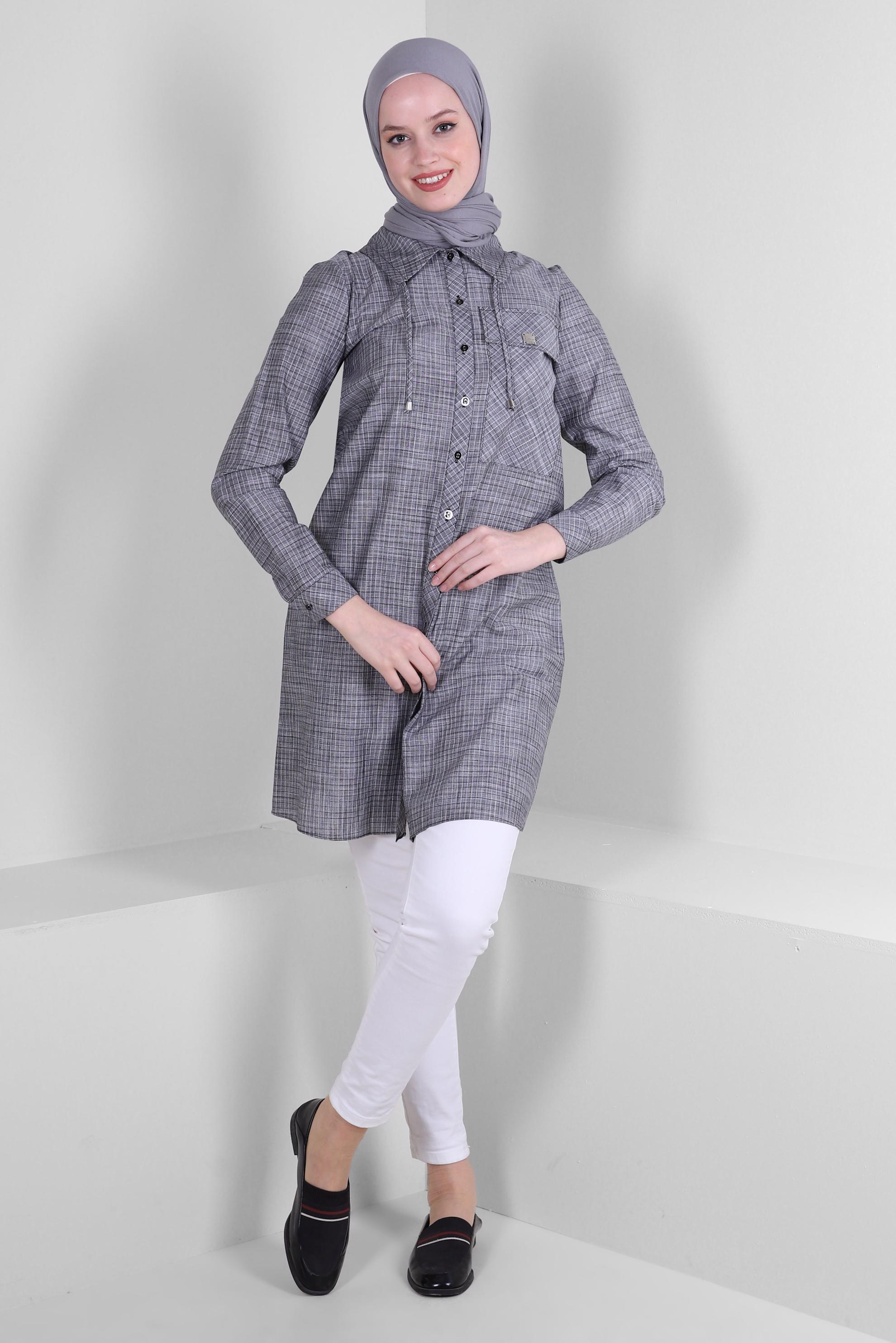 Tesettür giyim SİYAH KARELİ YAKASI BAĞCIK DETAYLI GÖMLEK TUNİK 43624