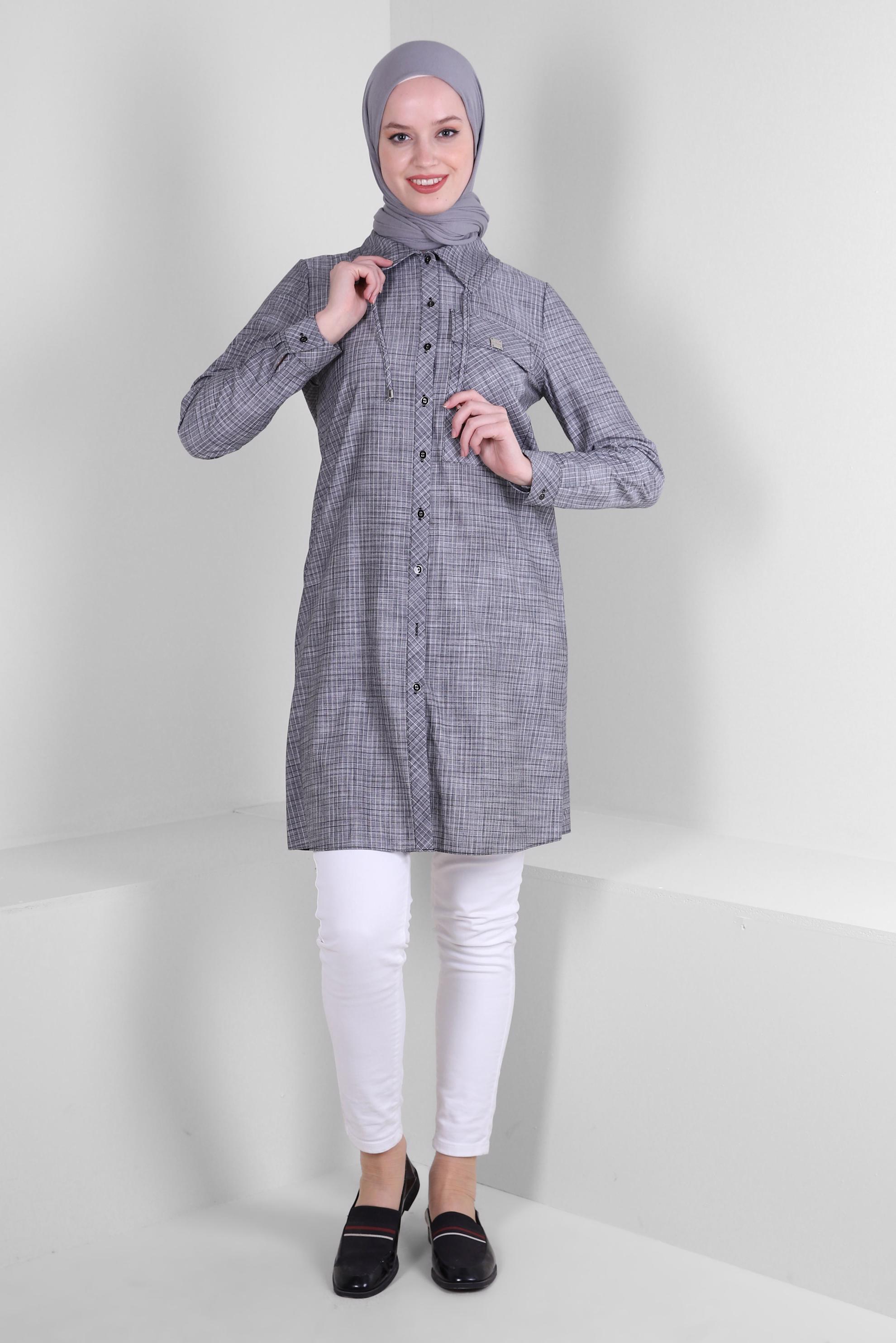 Tesettür giyim SİYAH KARELİ YAKASI BAĞCIK DETAYLI GÖMLEK TUNİK 43624
