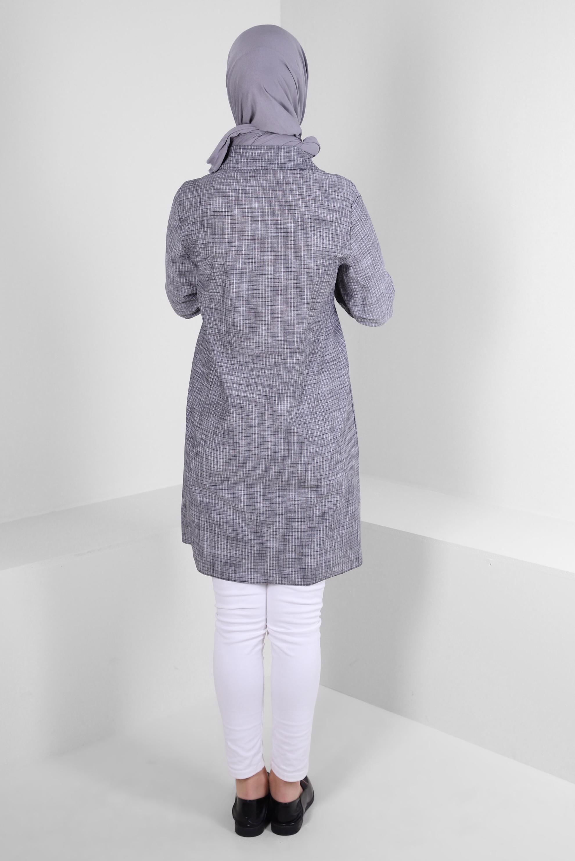 Tesettür giyim SİYAH KARELİ YAKASI BAĞCIK DETAYLI GÖMLEK TUNİK 43624