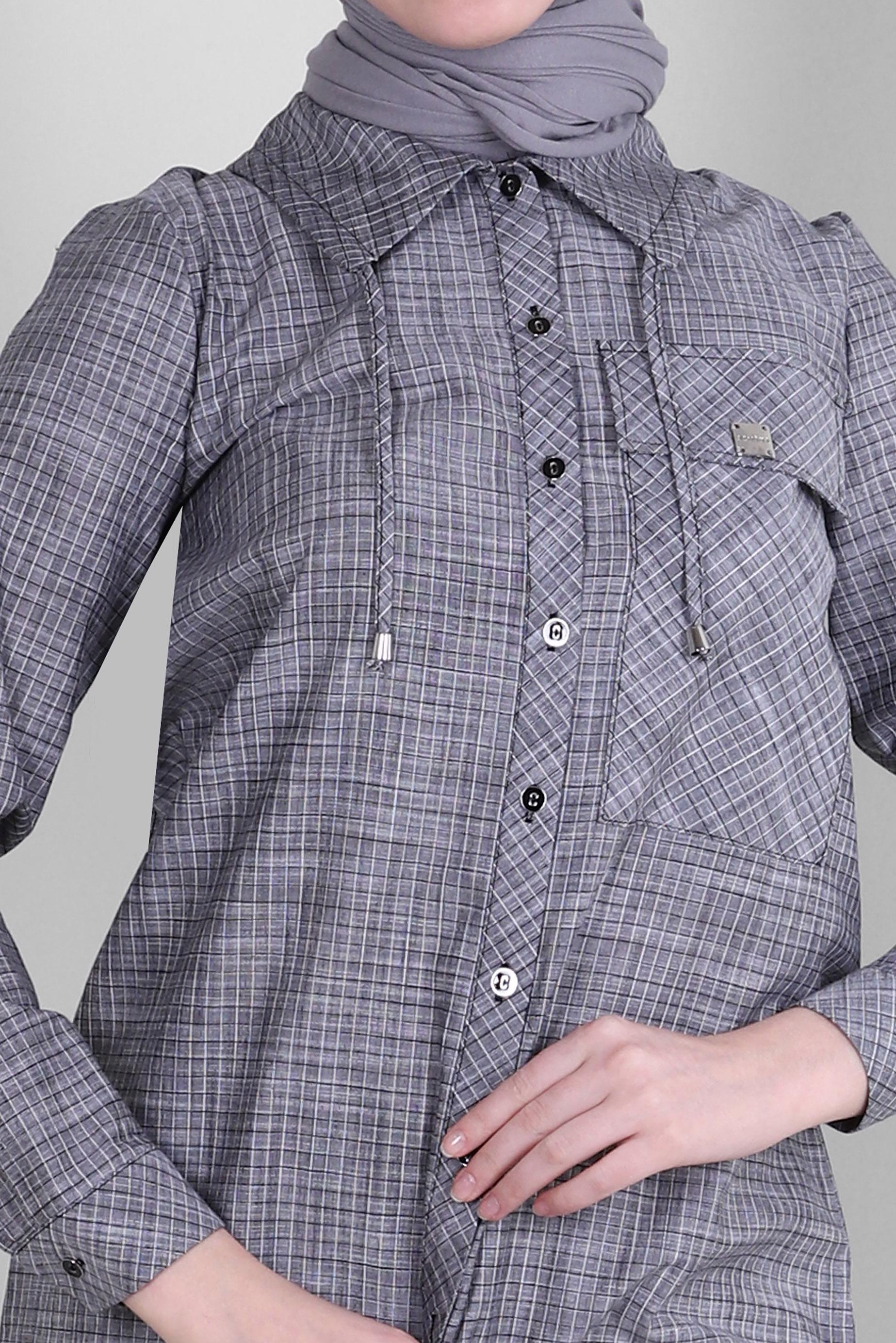 Tesettür giyim SİYAH KARELİ YAKASI BAĞCIK DETAYLI GÖMLEK TUNİK 43624