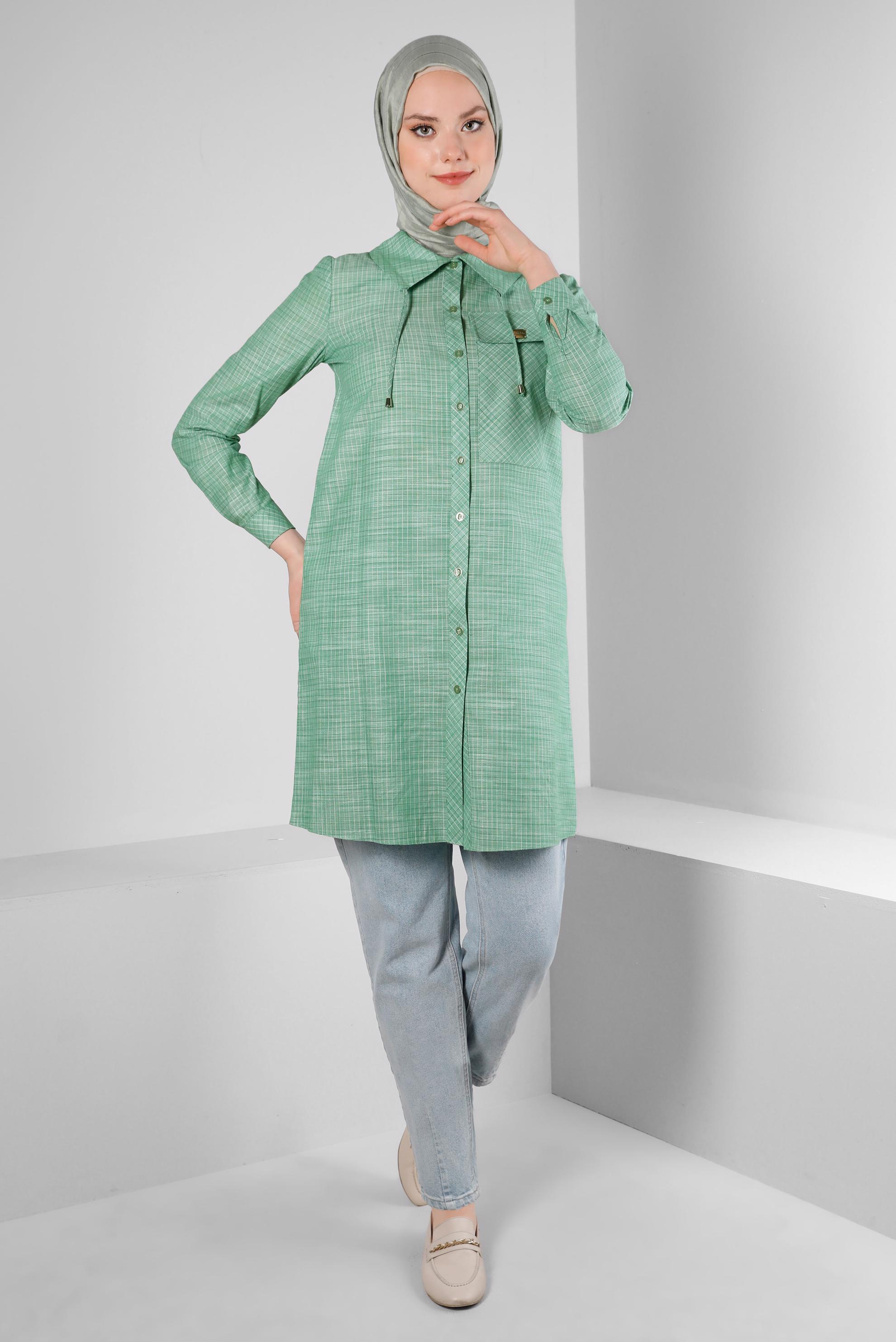Tesettür giyim YEŞİL KARELİ YAKASI BAĞCIK DETAYLI GÖMLEK TUNİK 43624