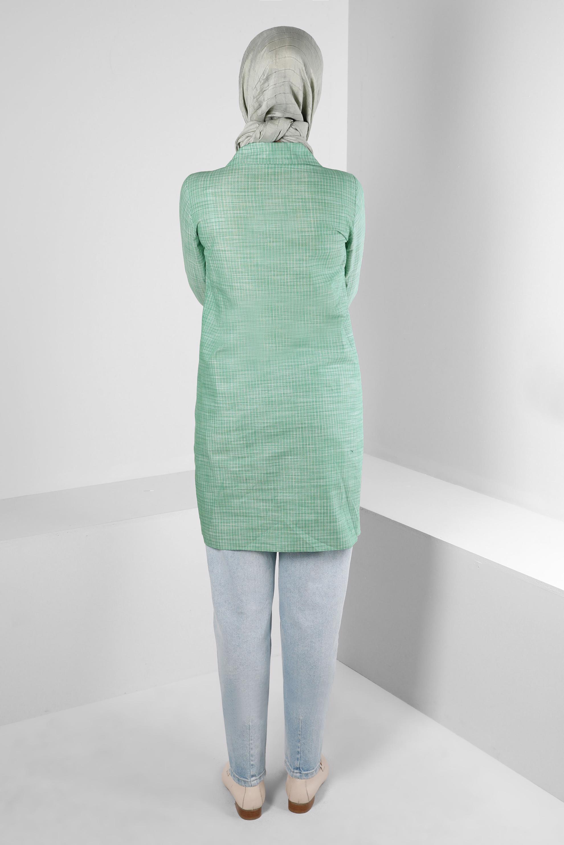 Tesettür giyim YEŞİL KARELİ YAKASI BAĞCIK DETAYLI GÖMLEK TUNİK 43624