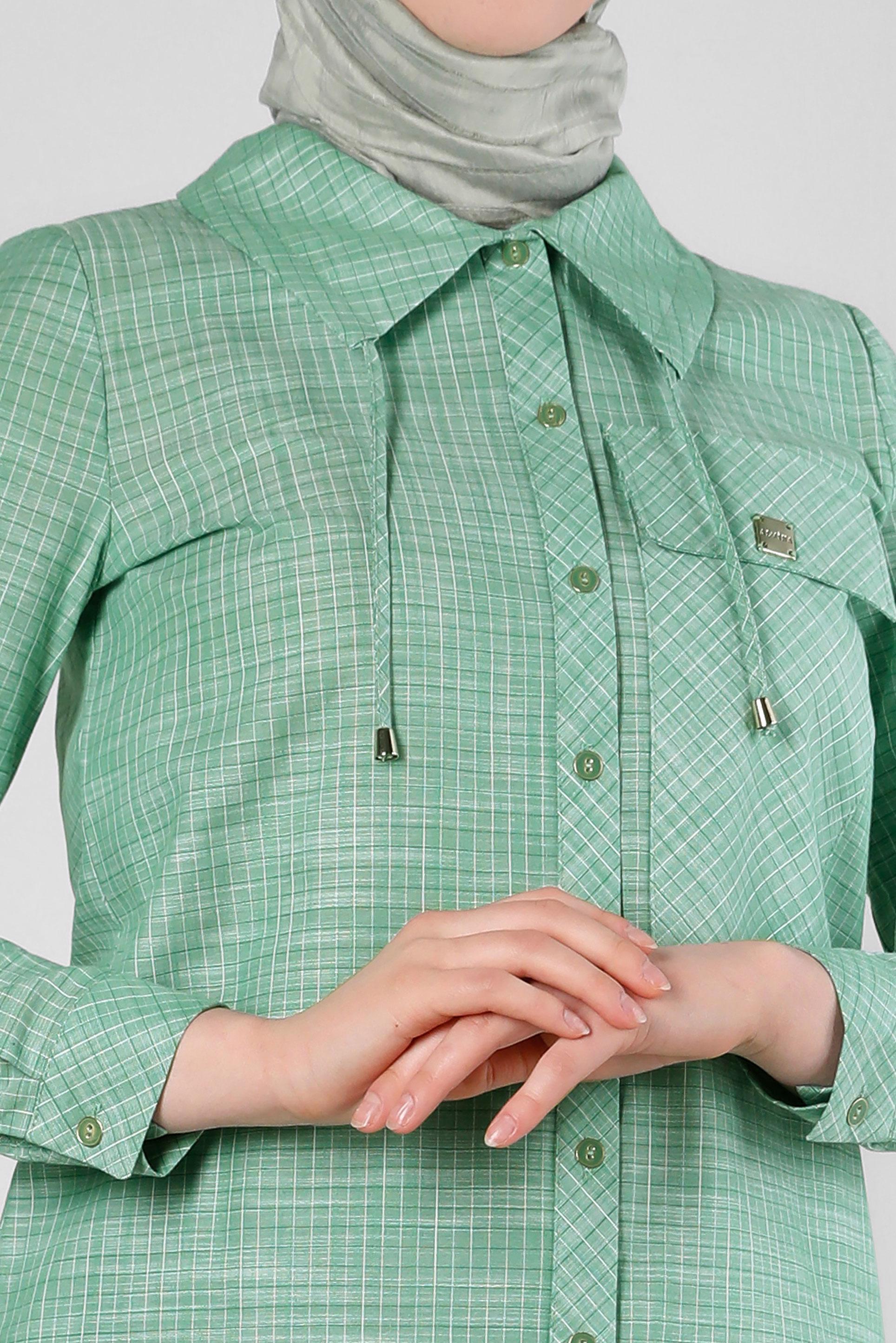 Tesettür giyim YEŞİL KARELİ YAKASI BAĞCIK DETAYLI GÖMLEK TUNİK 43624