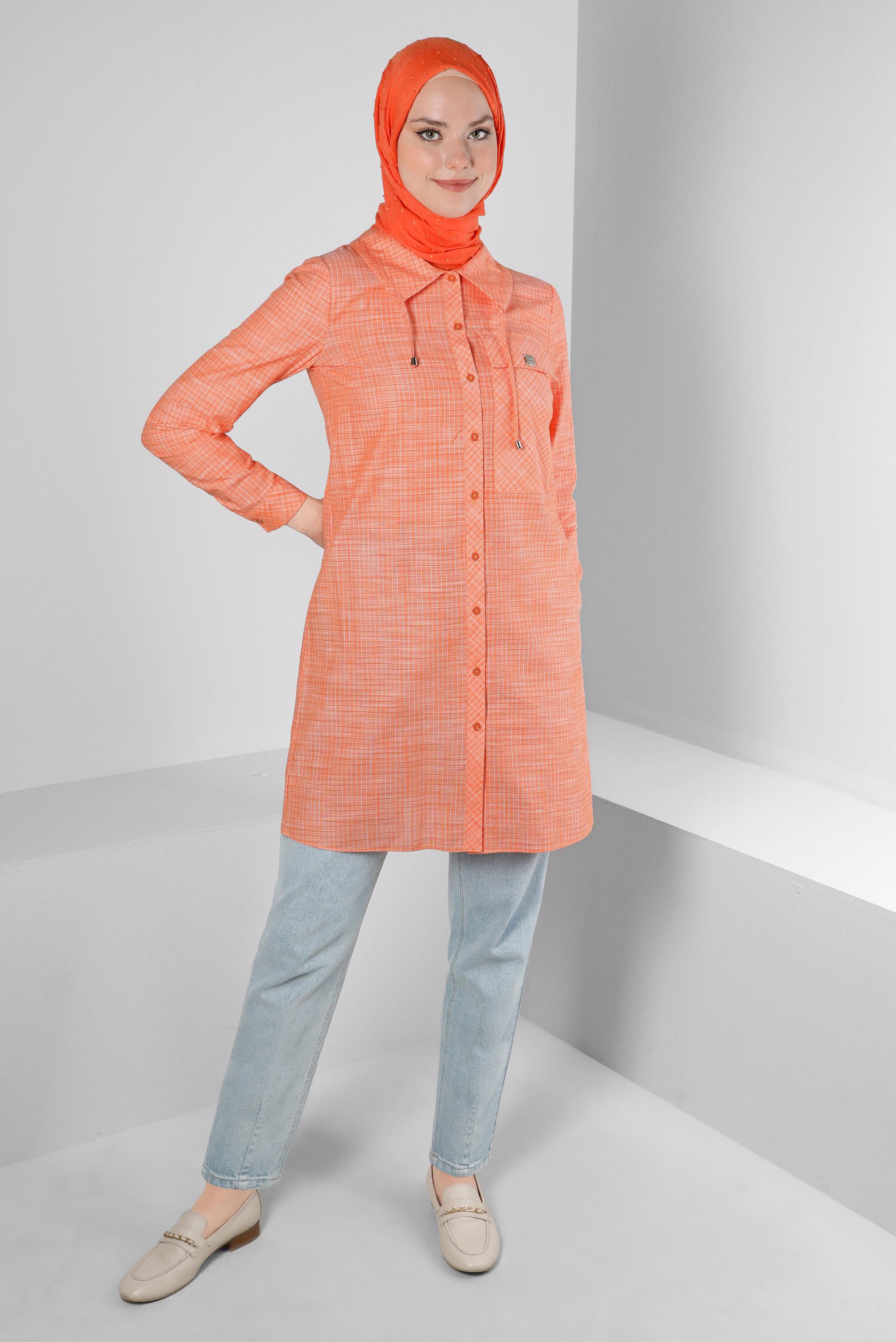Tesettür giyim TURUNCU KARELİ YAKASI BAĞCIK DETAYLI GÖMLEK TUNİK 43624