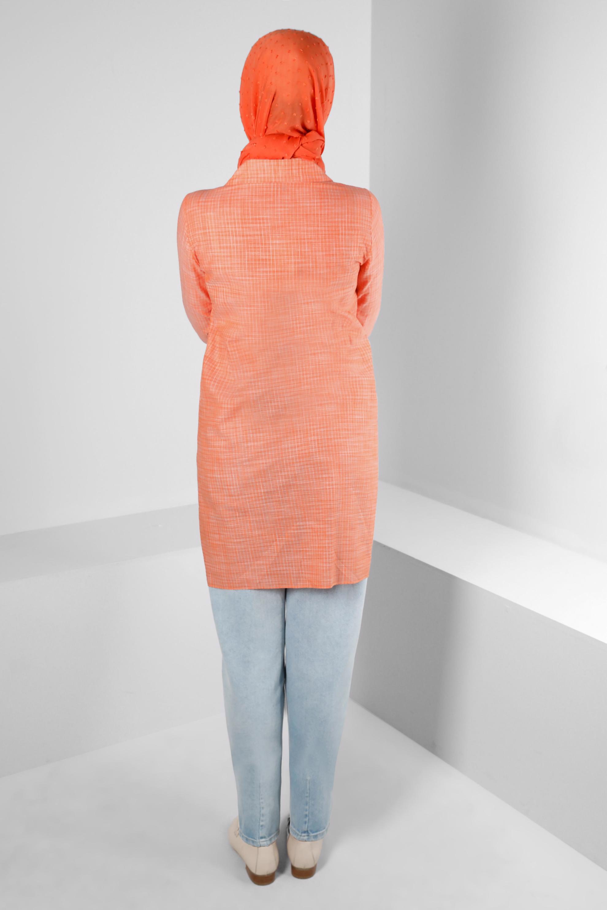 Tesettür giyim TURUNCU KARELİ YAKASI BAĞCIK DETAYLI GÖMLEK TUNİK 43624