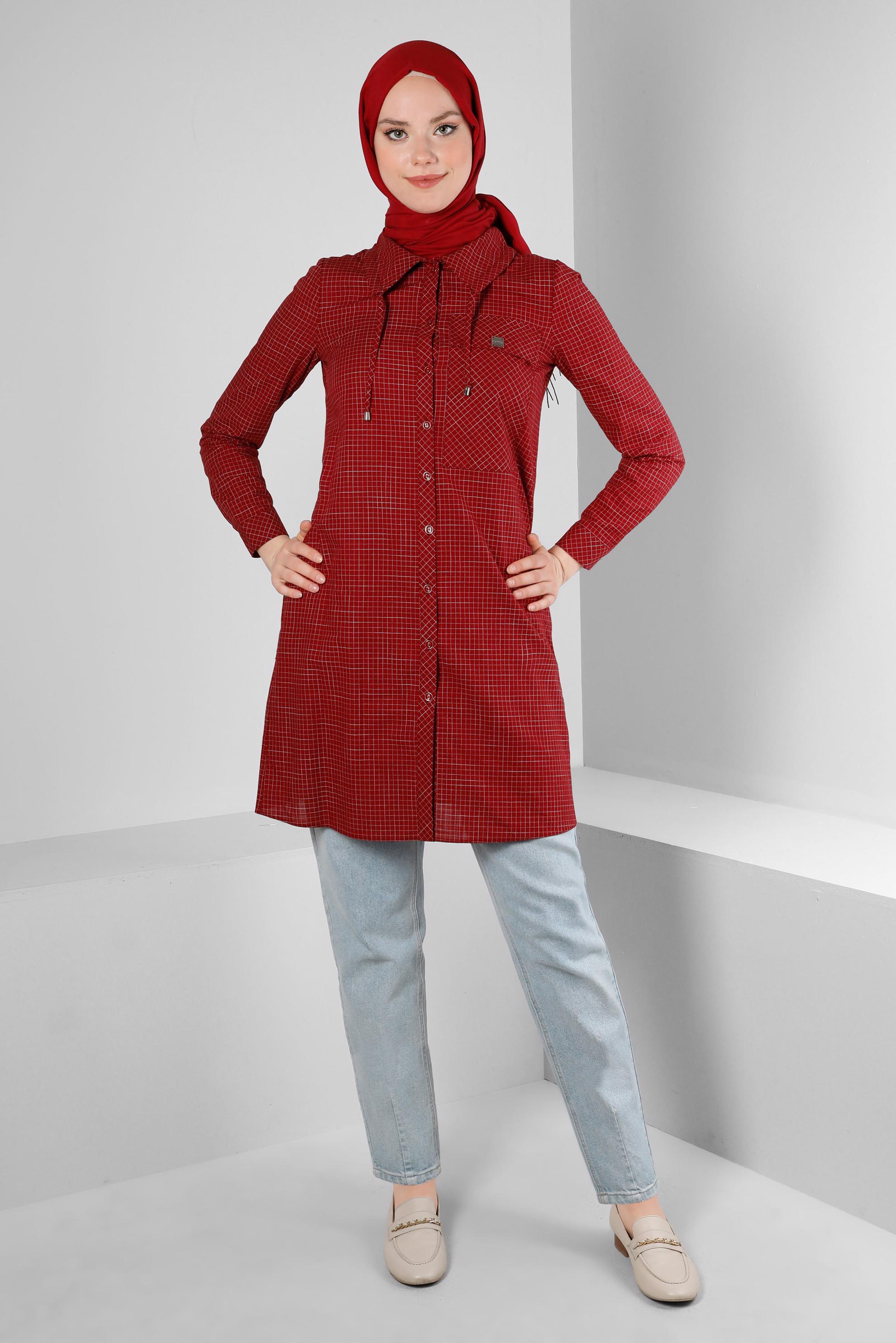 Tesettür giyim BORDO KARELİ YAKASI BAĞCIK DETAYLI GÖMLEK TUNİK 43624