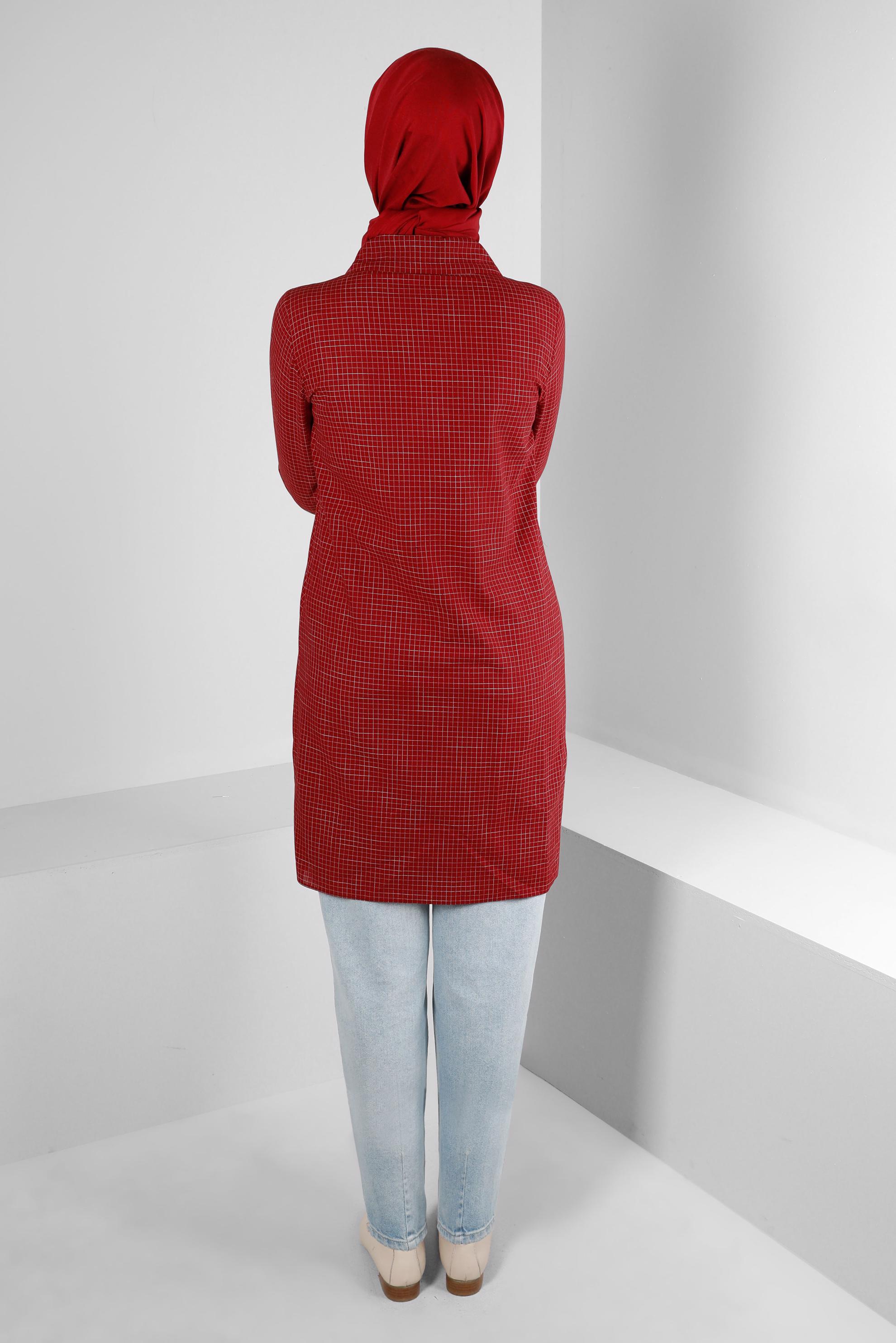 Tesettür giyim BORDO KARELİ YAKASI BAĞCIK DETAYLI GÖMLEK TUNİK 43624