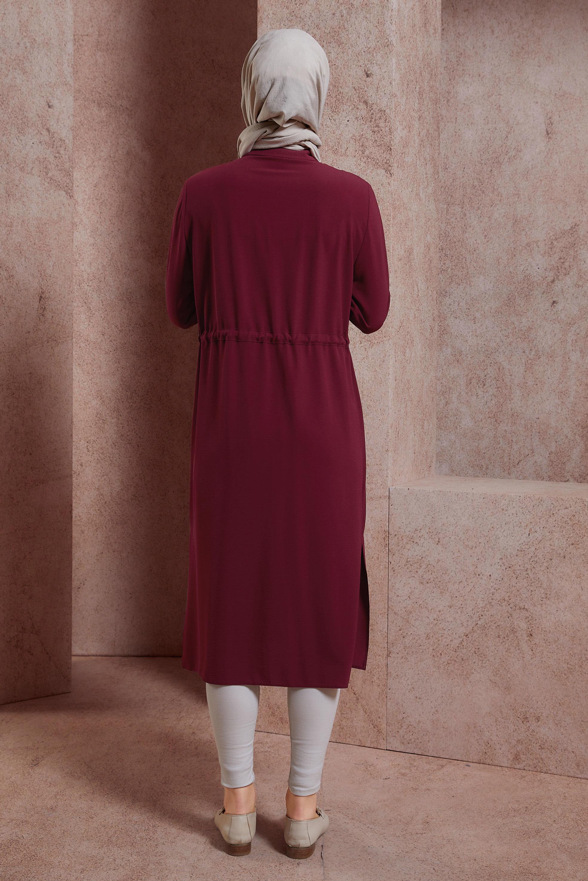 Tesettür giyim BORDO İŞLEMELİ PÜSKÜL DETAYLI TUNİK 43625