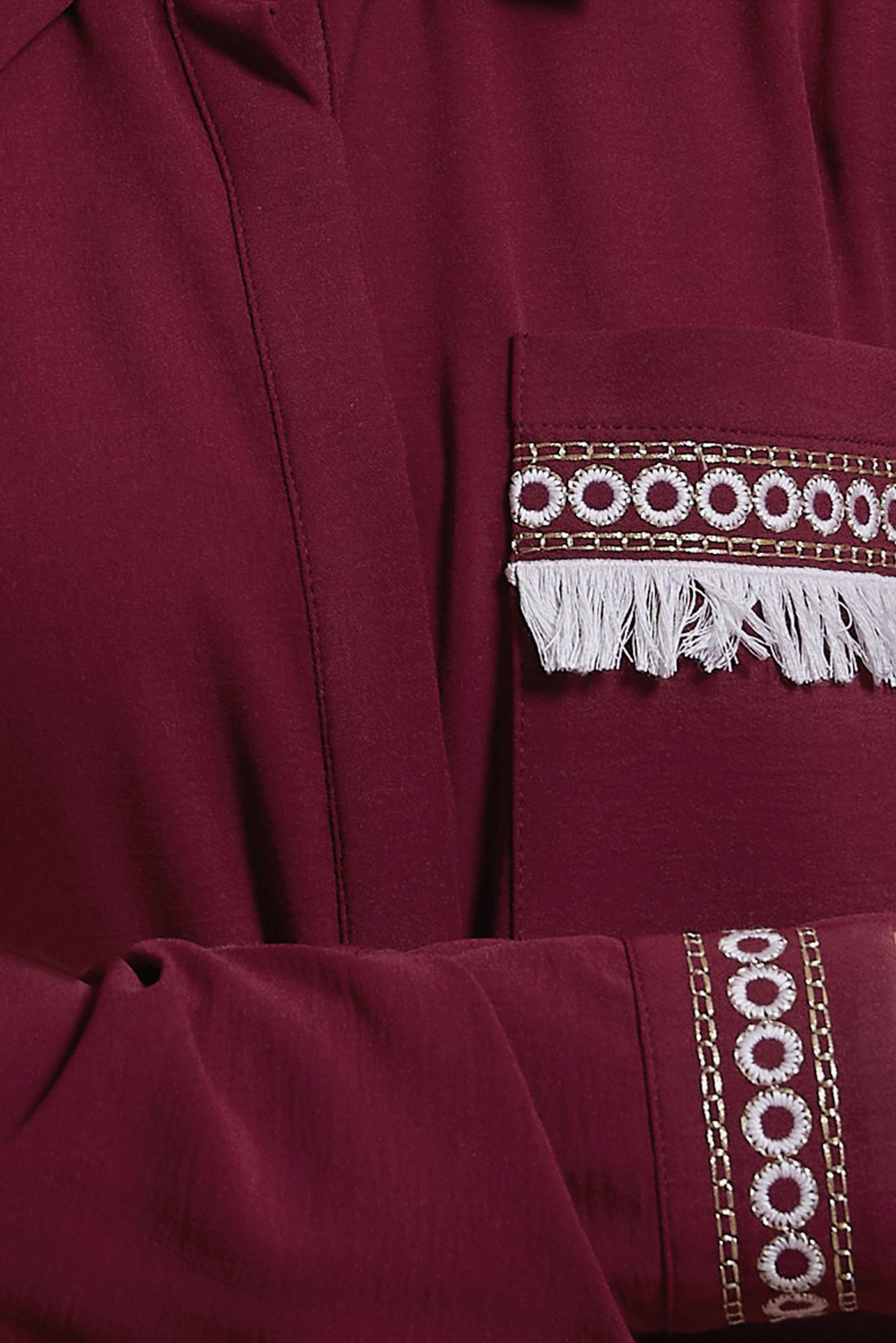 Tesettür giyim BORDO İŞLEMELİ PÜSKÜL DETAYLI TUNİK 43625