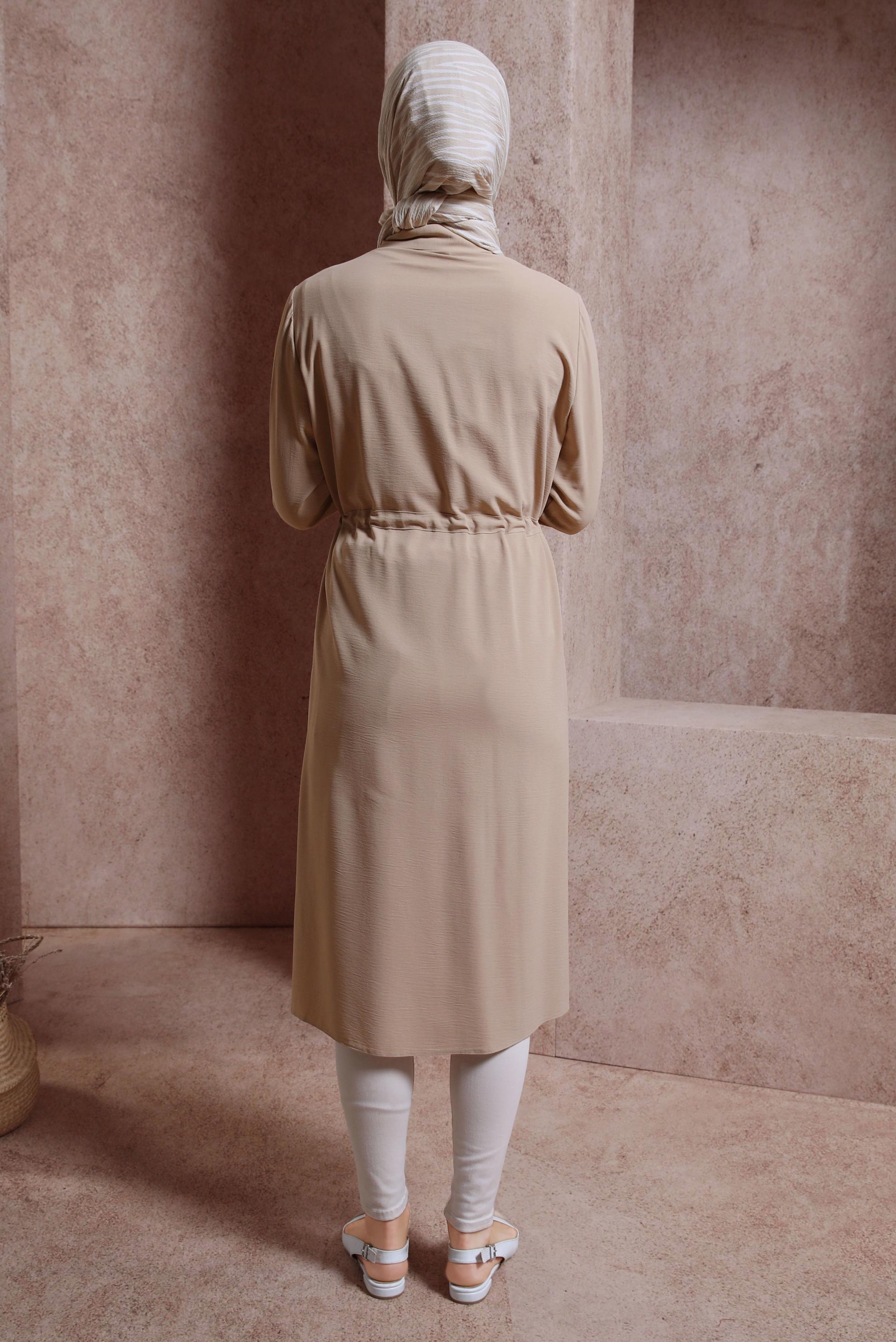 Tesettür giyim KAHVE İŞLEMELİ PÜSKÜL DETAYLI TUNİK 43625