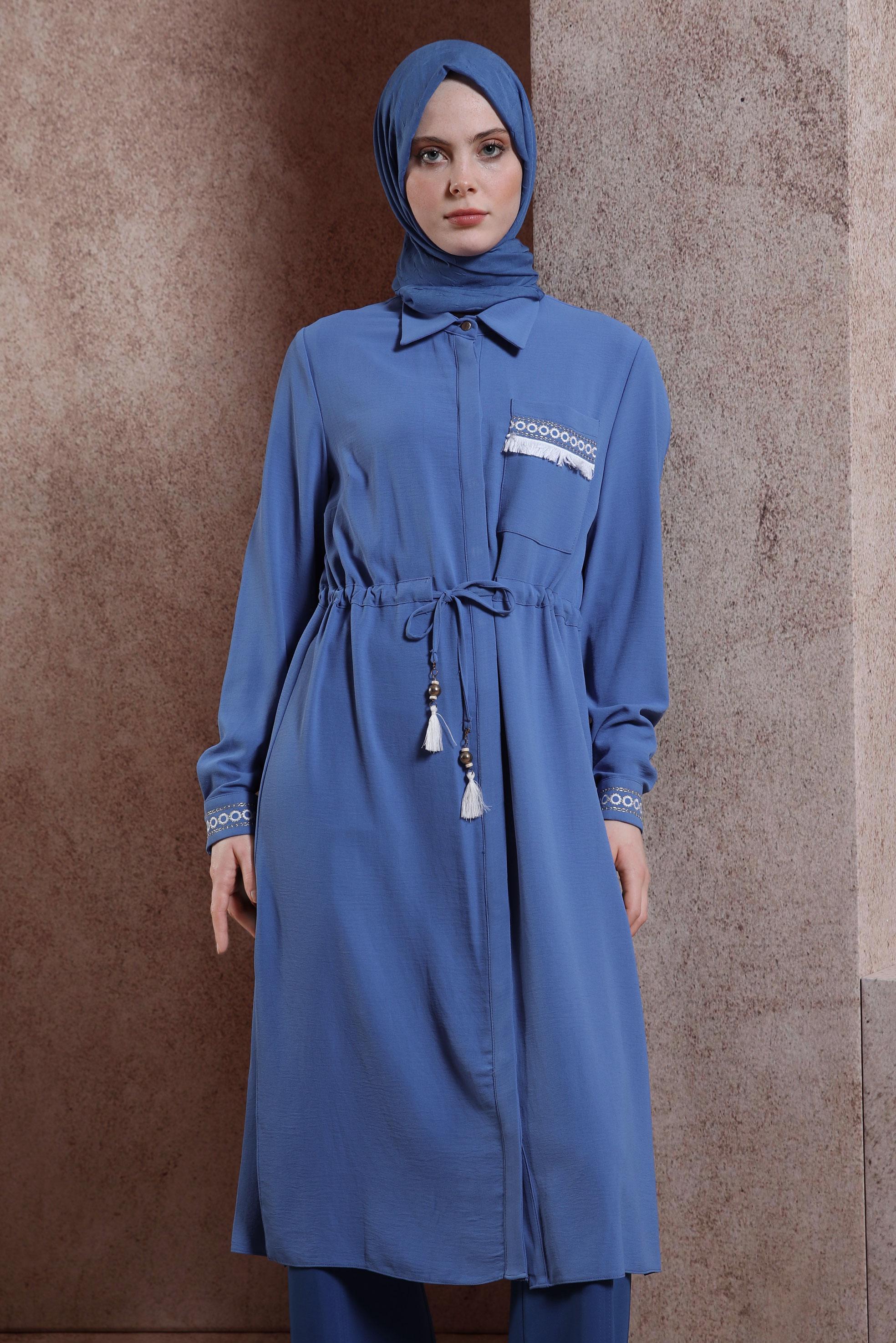 Tesettür giyim LACİVERT İŞLEMELİ PÜSKÜL DETAYLI TUNİK 43625