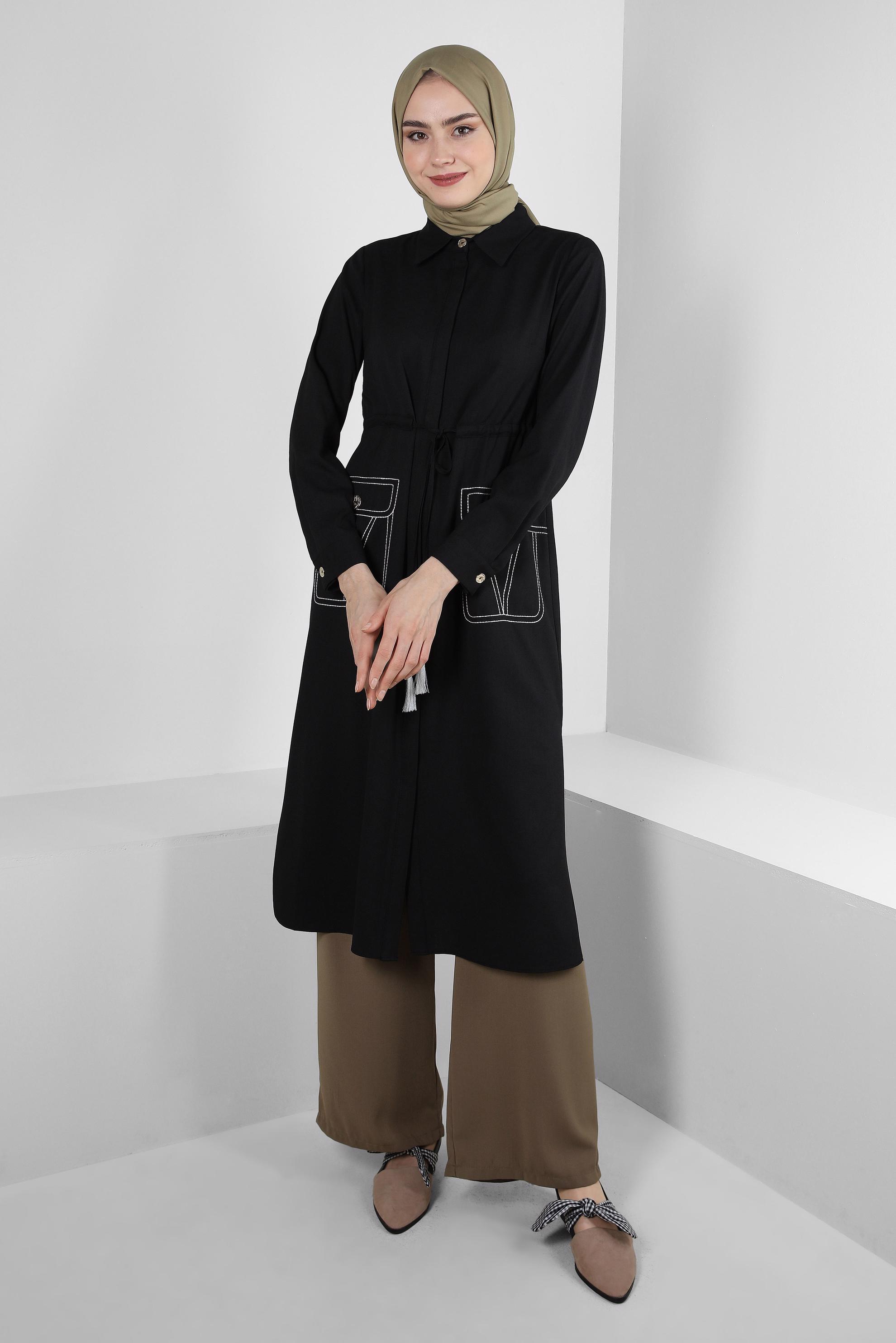 Tesettür giyim SİYAH YANI YIRTMAÇLI BELİ BÜZGÜLÜ TUNİK 43626