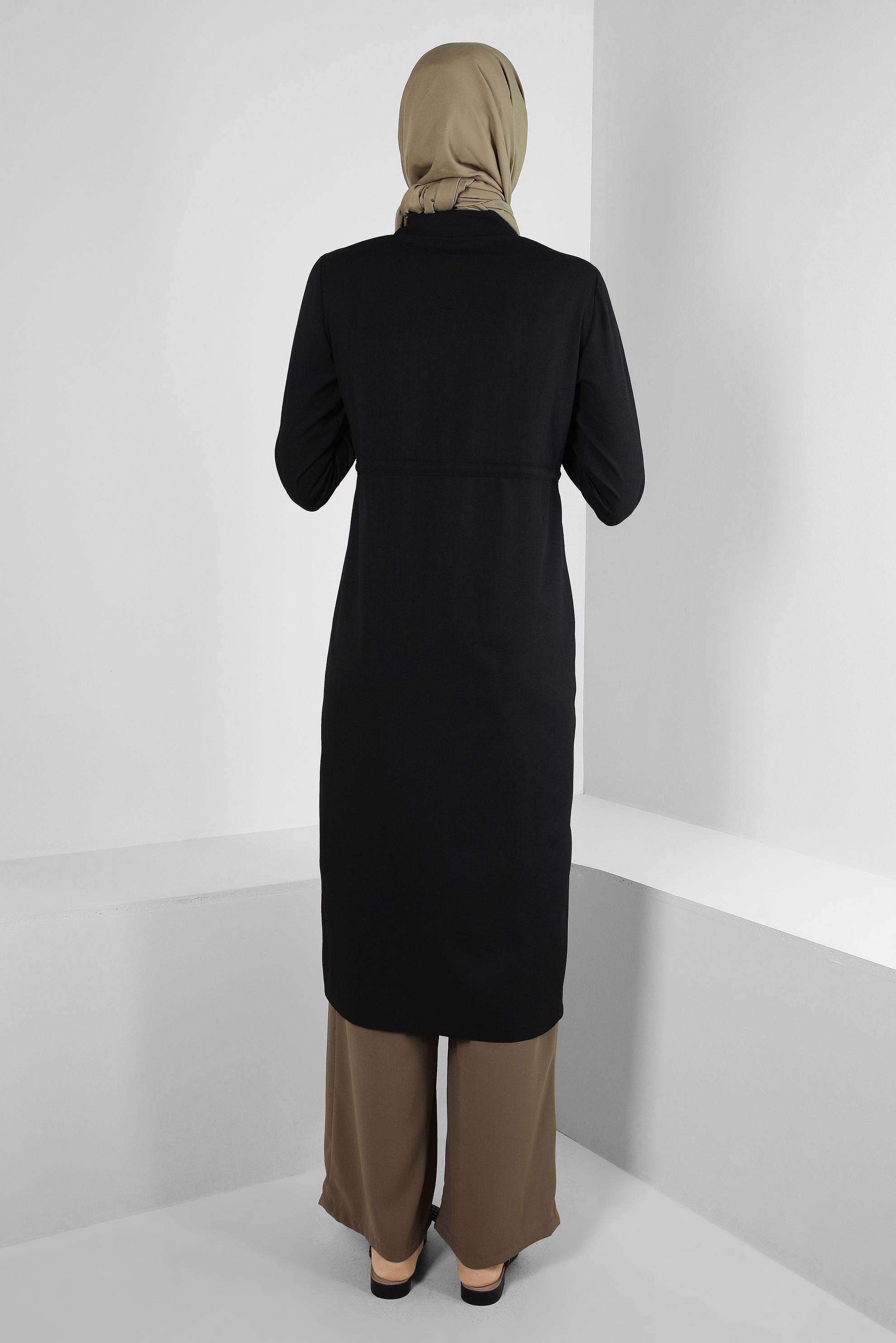 Tesettür giyim SİYAH YANI YIRTMAÇLI BELİ BÜZGÜLÜ TUNİK 43626