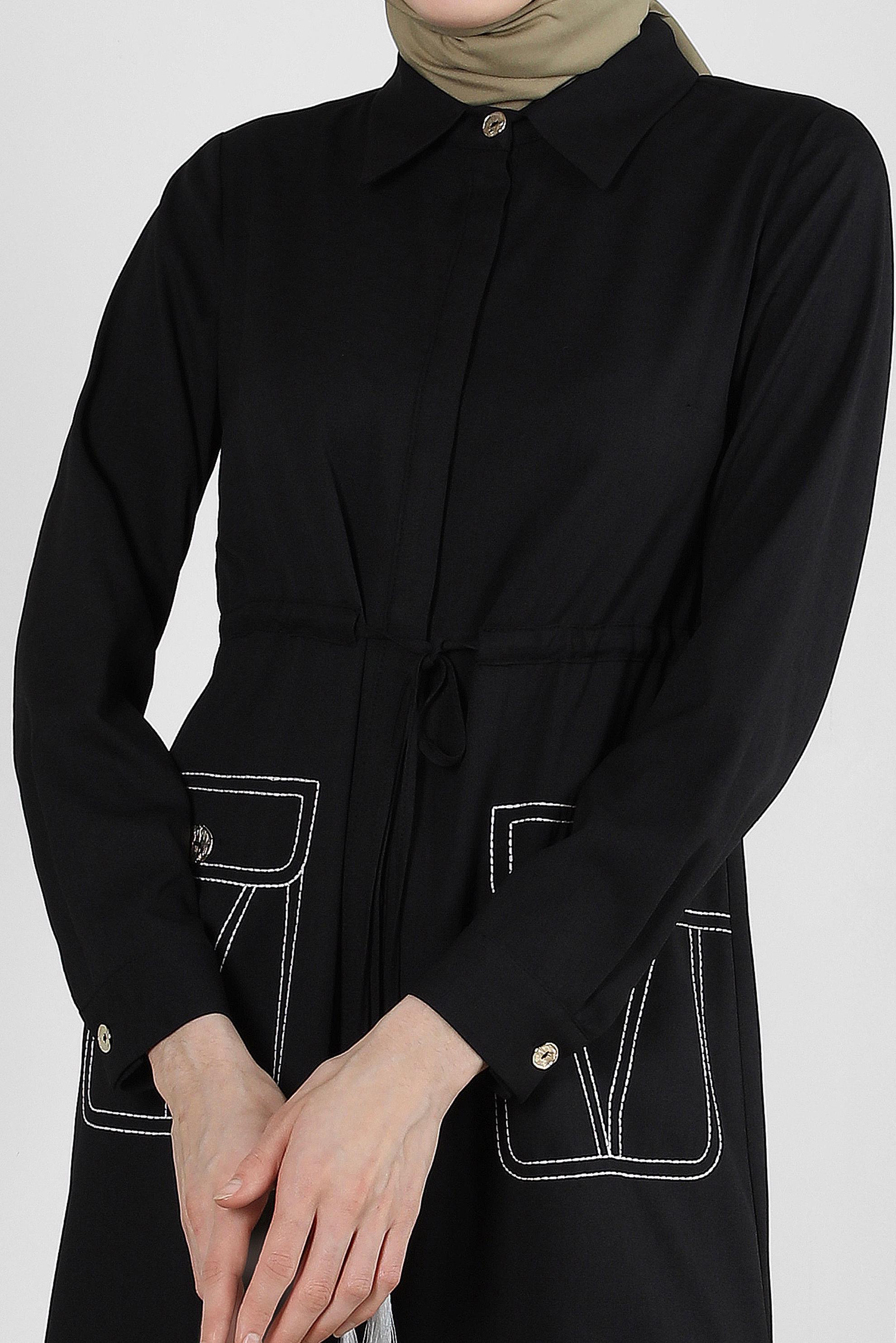 Tesettür giyim SİYAH YANI YIRTMAÇLI BELİ BÜZGÜLÜ TUNİK 43626