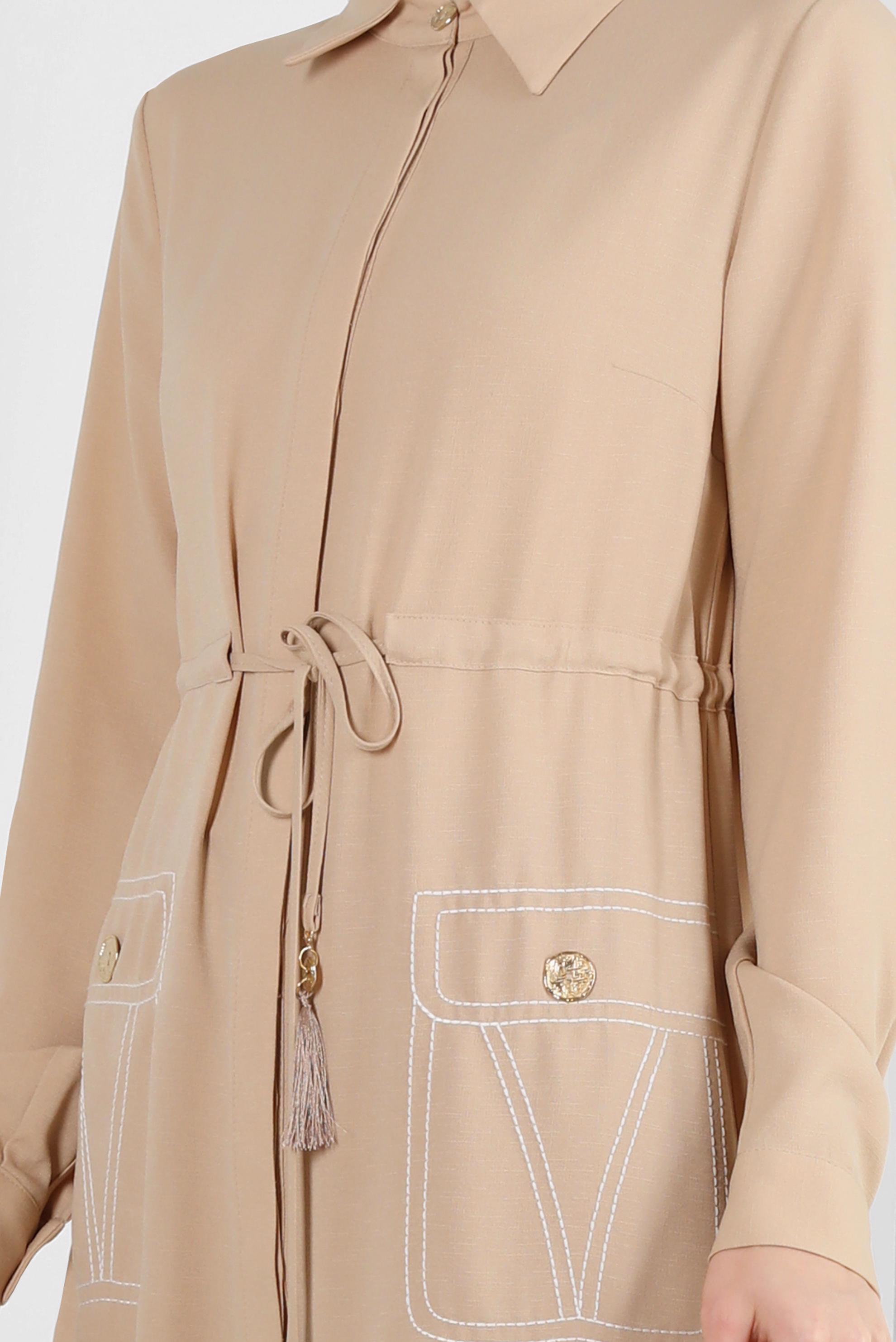 Tesettür giyim BEJ YANI YIRTMAÇLI BELİ BÜZGÜLÜ TUNİK 43626